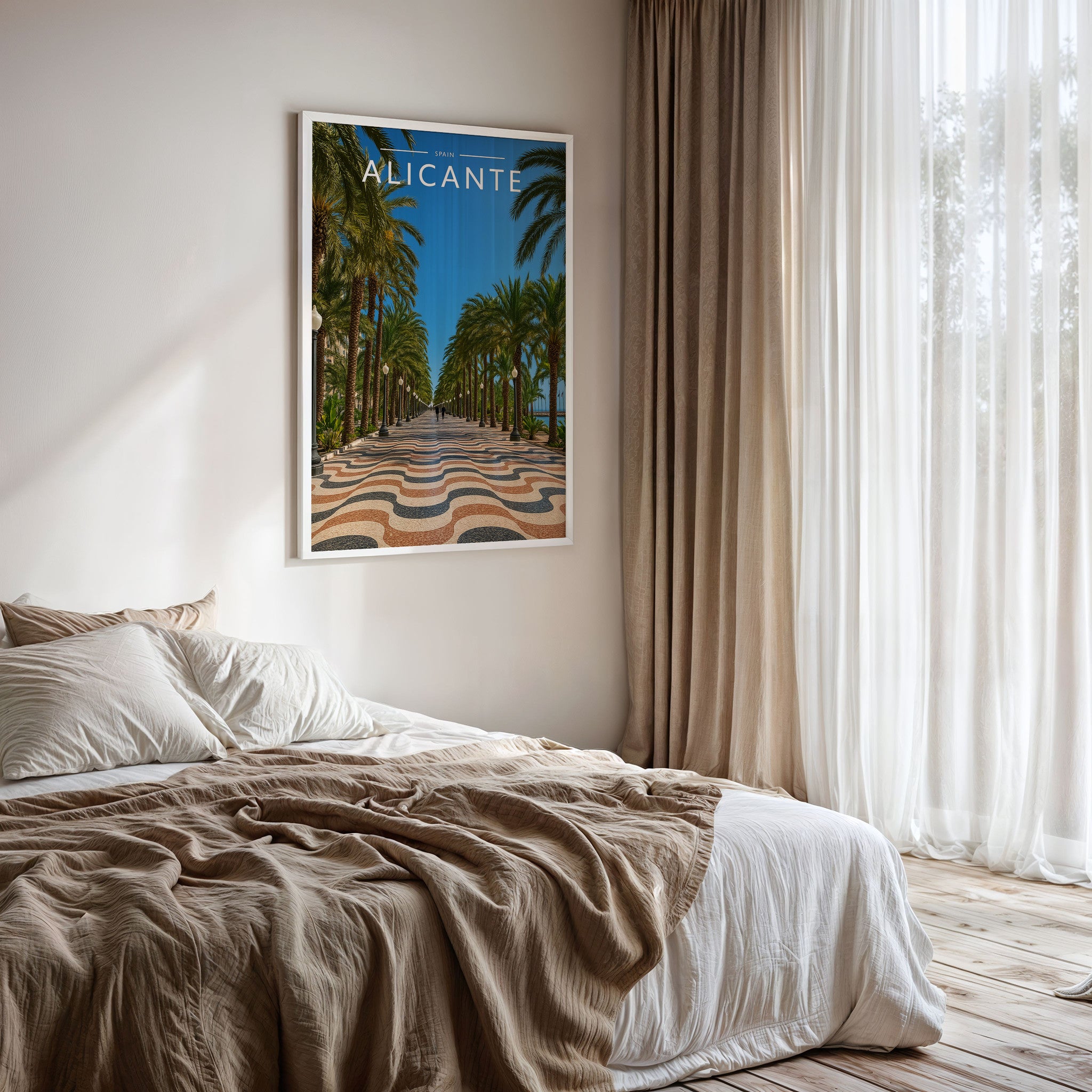 Alicante #2 Travel Poster framed on a bedroom wall