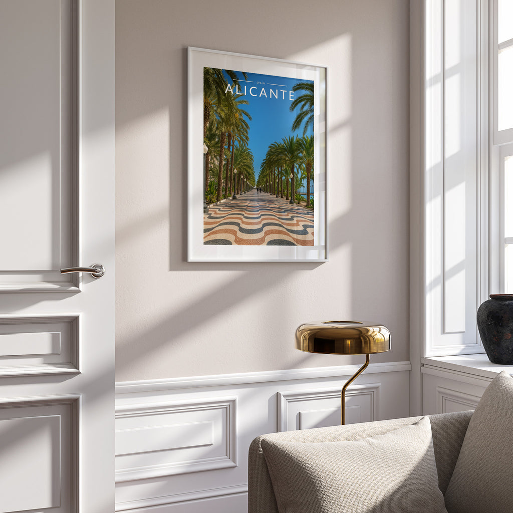 Alicante #2 Travel Poster in a white frame on a panelled wall