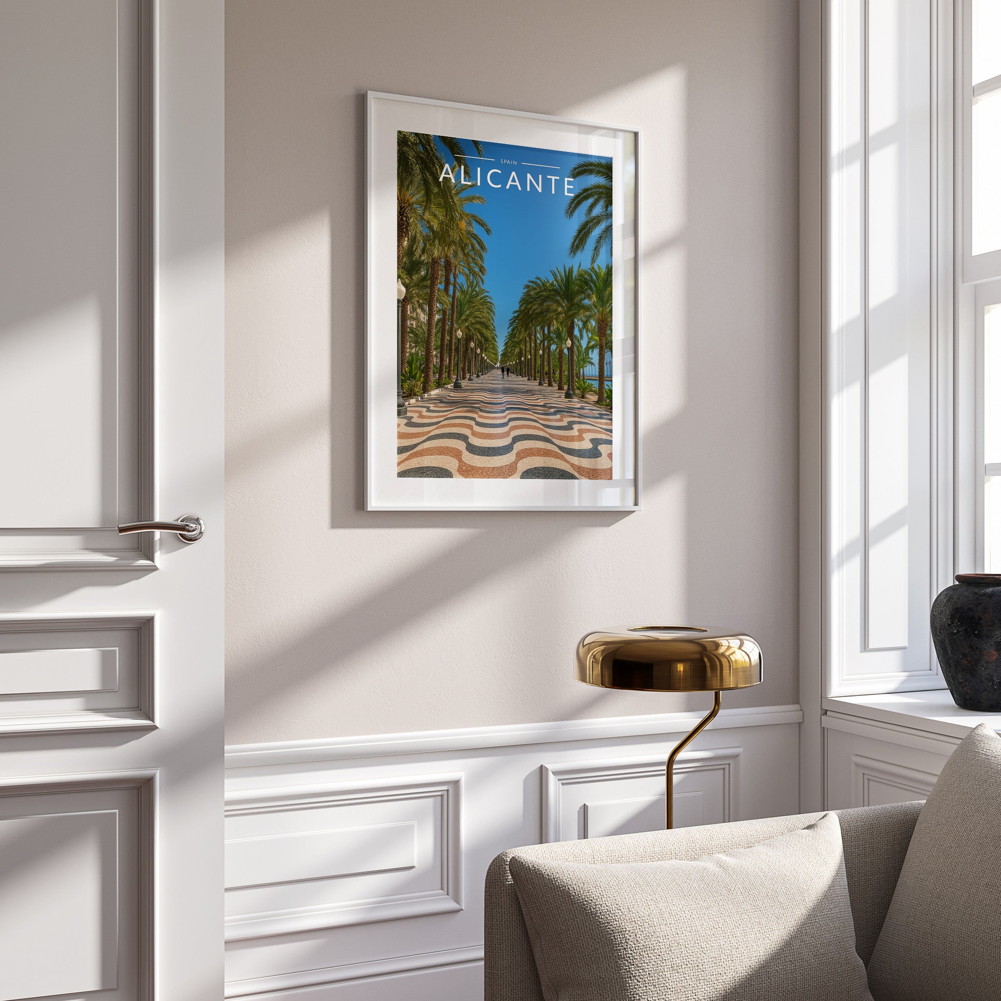 Alicante #2 Travel Poster in a white frame on a panelled wall