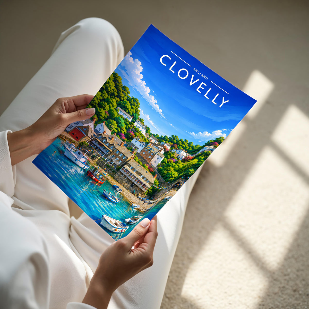 Clovelly Travel Poster - A4 print held in hand