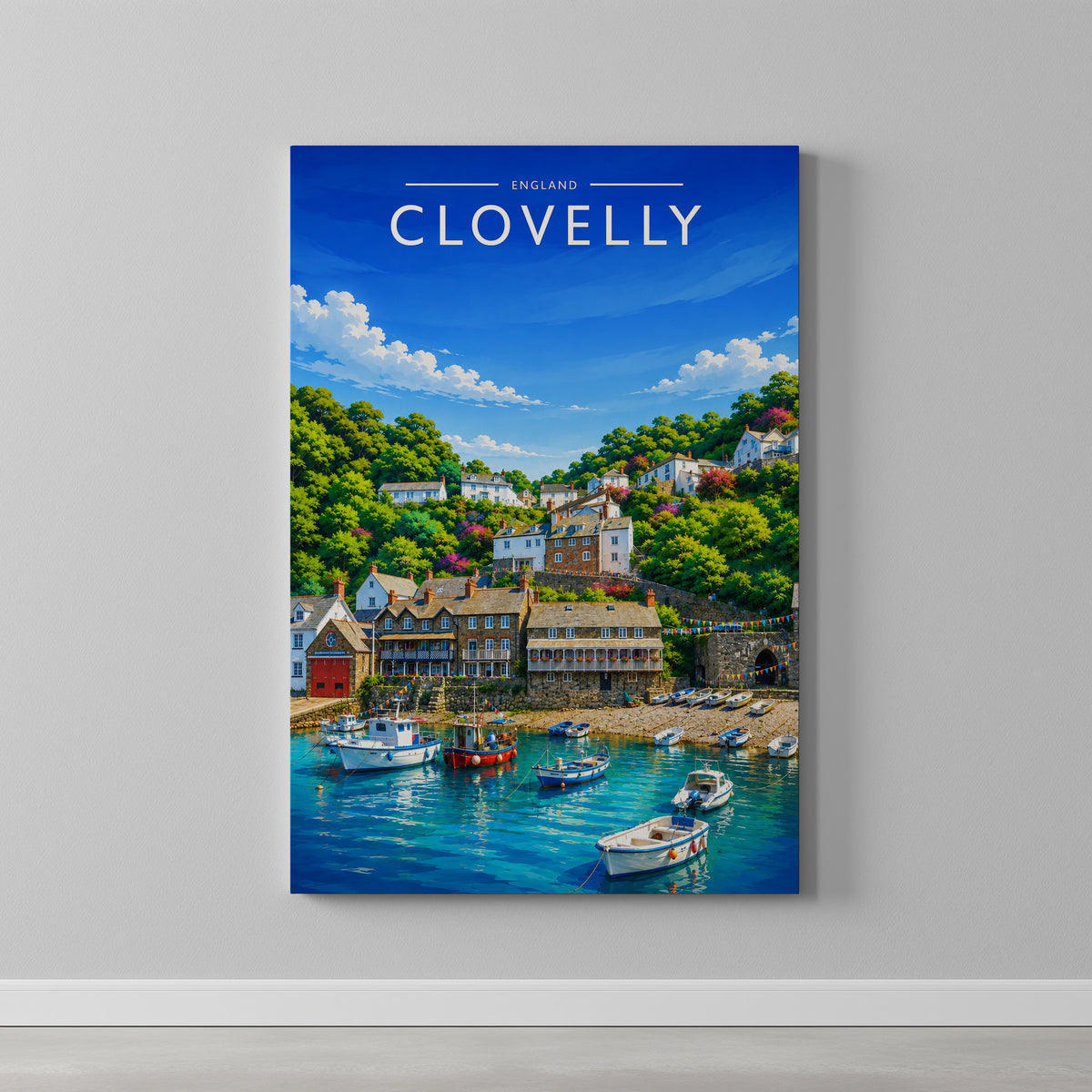 Clovelly Travel Poster as a gallery-wrapped canvas on a plain wall