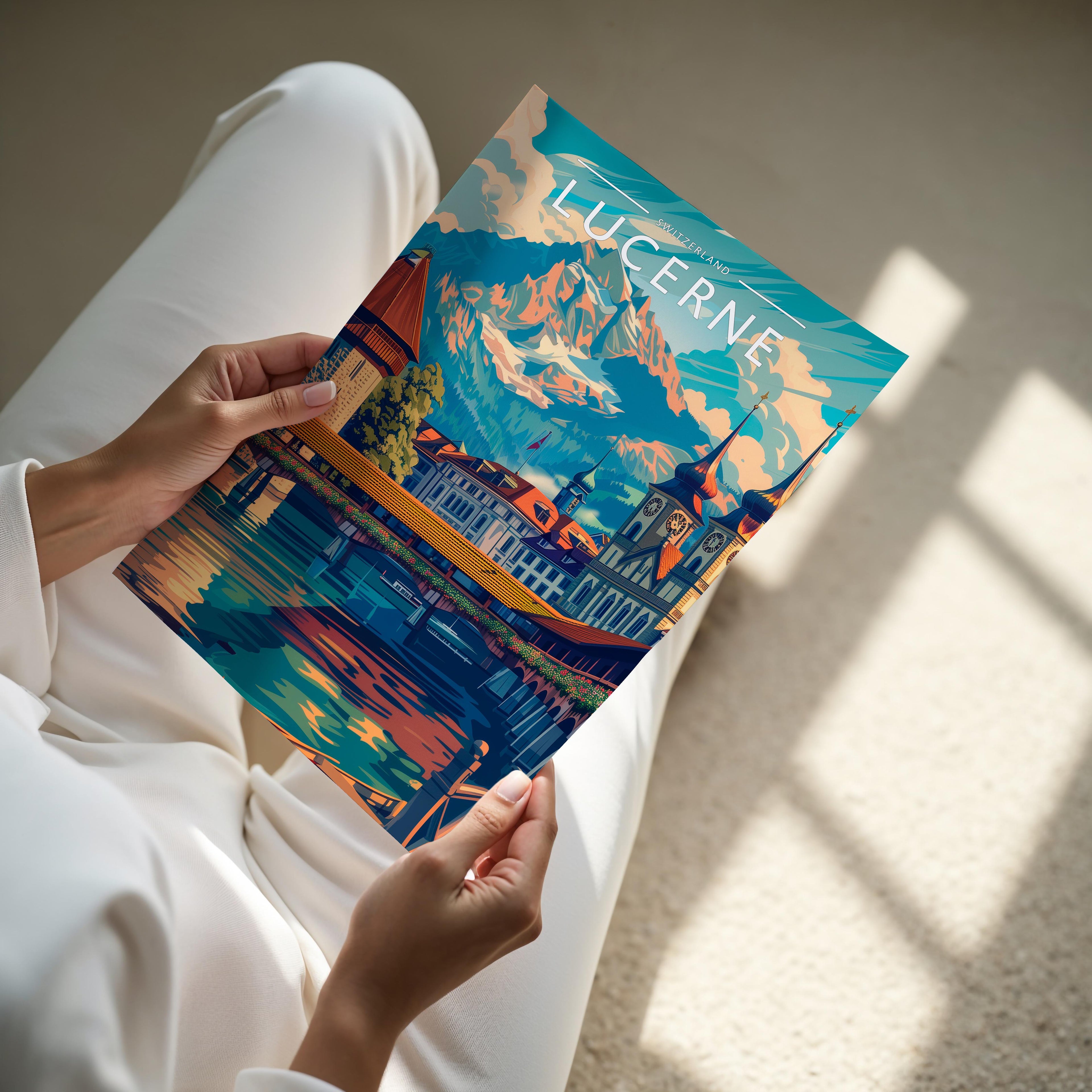 Lucerne Travel Poster - A4 print held in hand