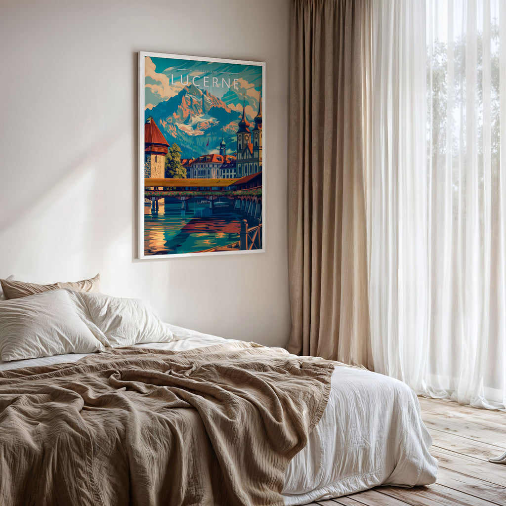 Lucerne Travel Poster framed on a bedroom wall