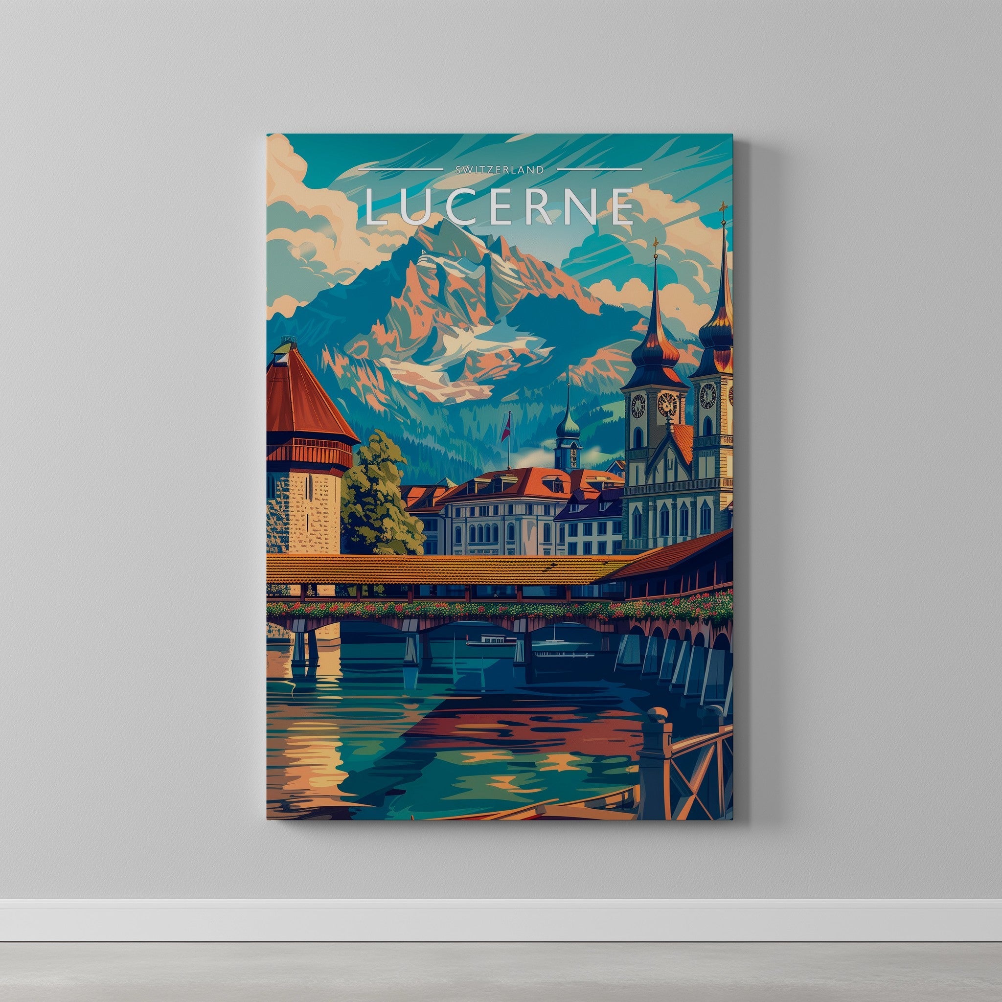 Lucerne Travel Poster as a gallery-wrapped canvas on a plain wall