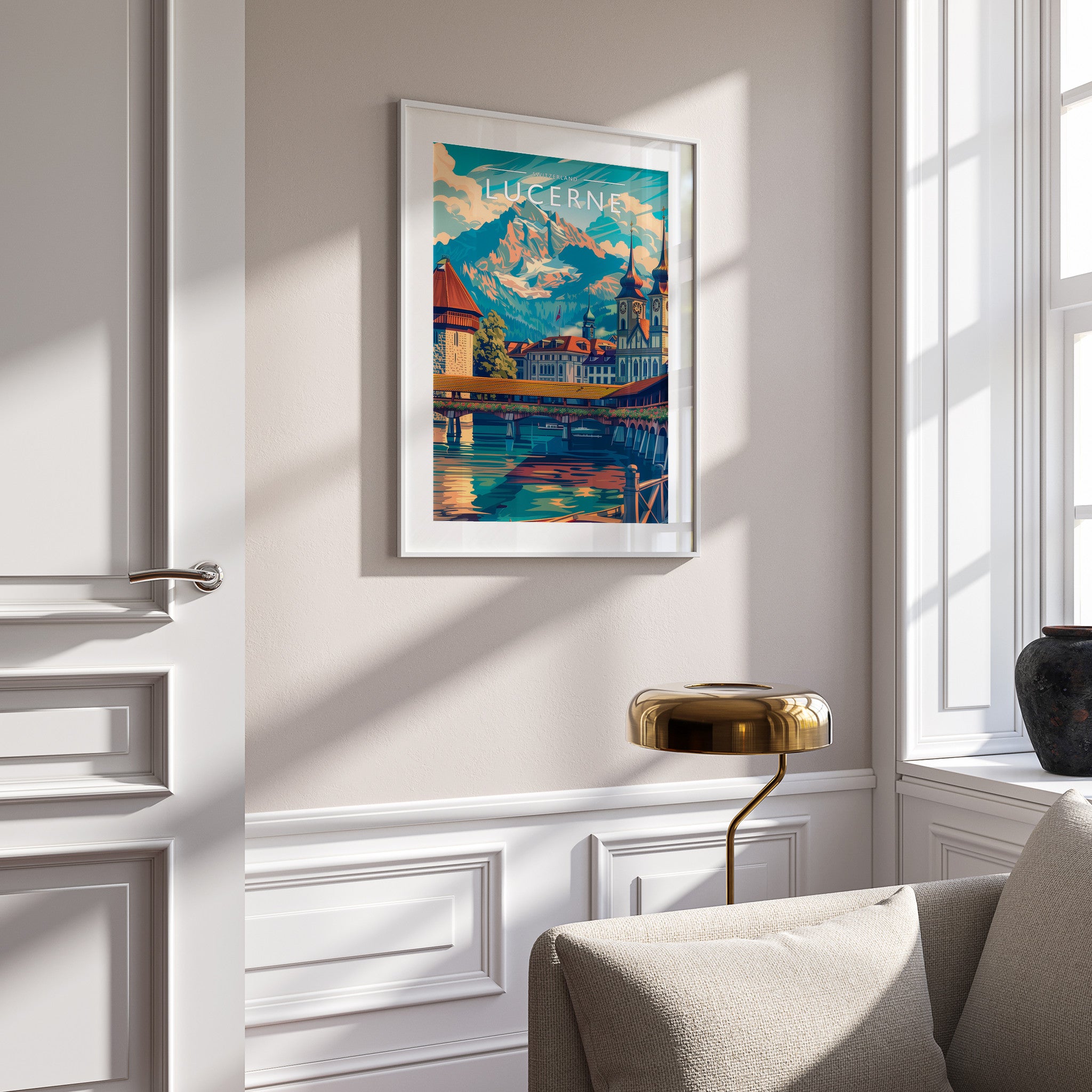 Lucerne Travel Poster in a white frame on a panelled wall
