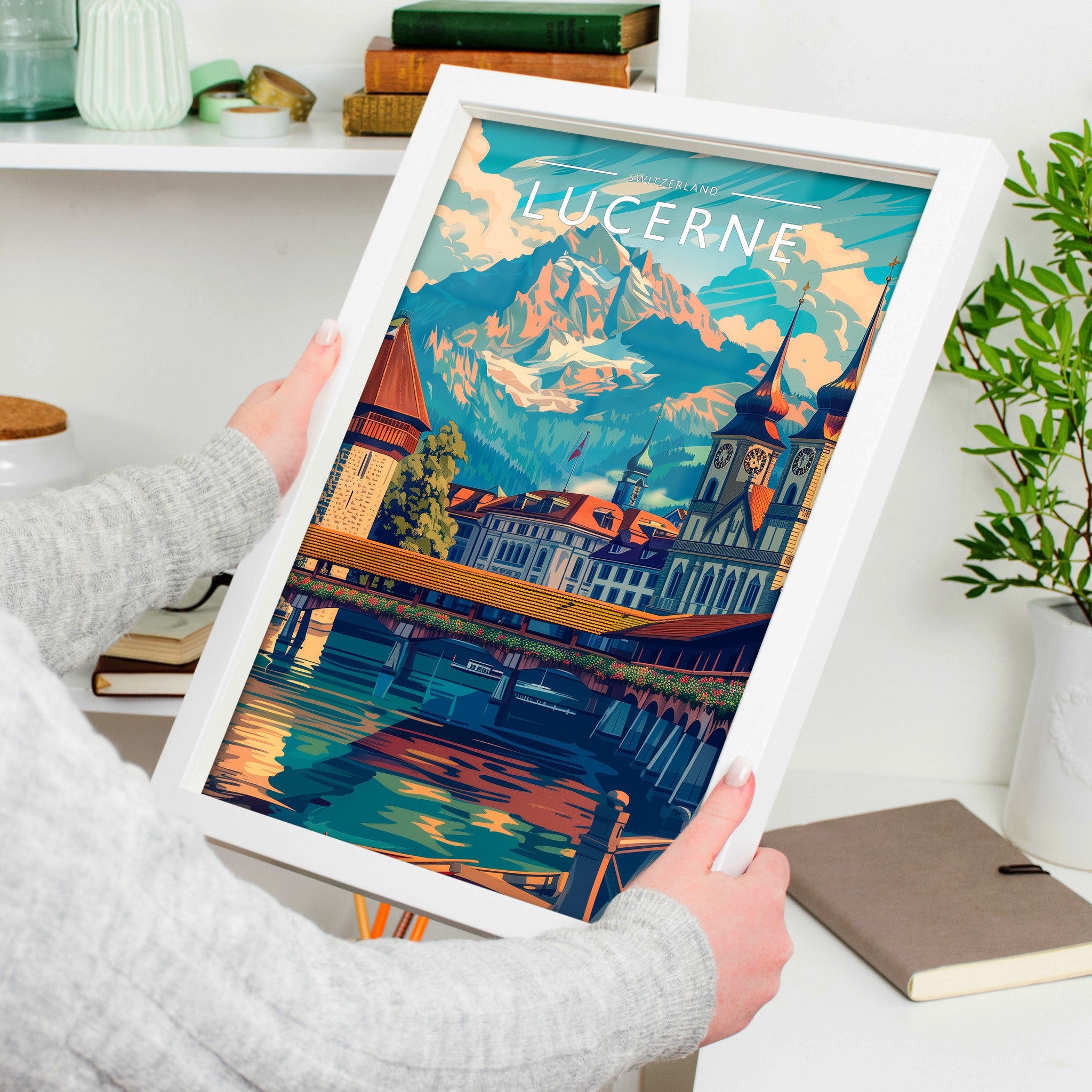 Lucerne Travel Poster in a white frame, held to show scale