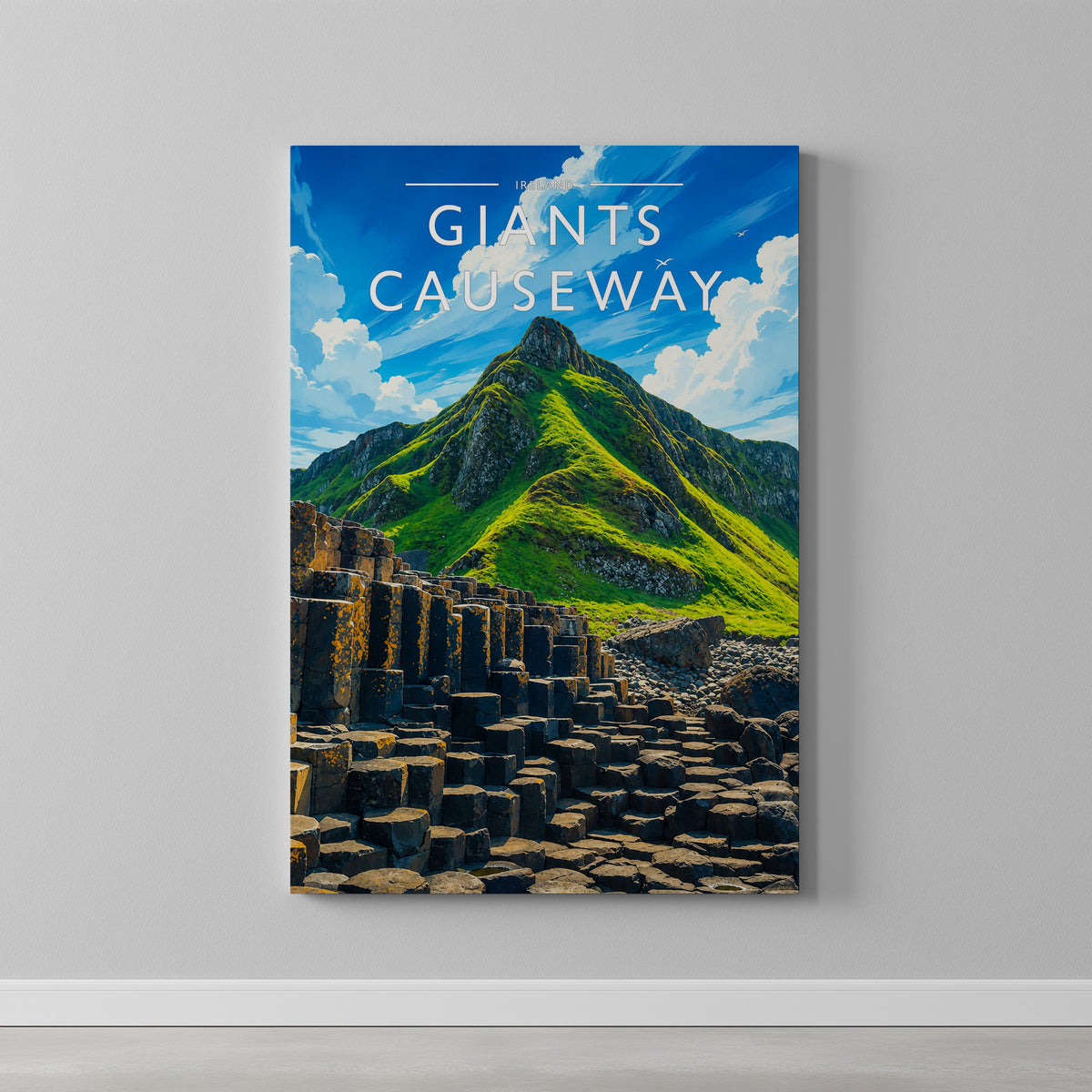 Giant's Causeway Travel Poster as a gallery-wrapped canvas on a plain wall