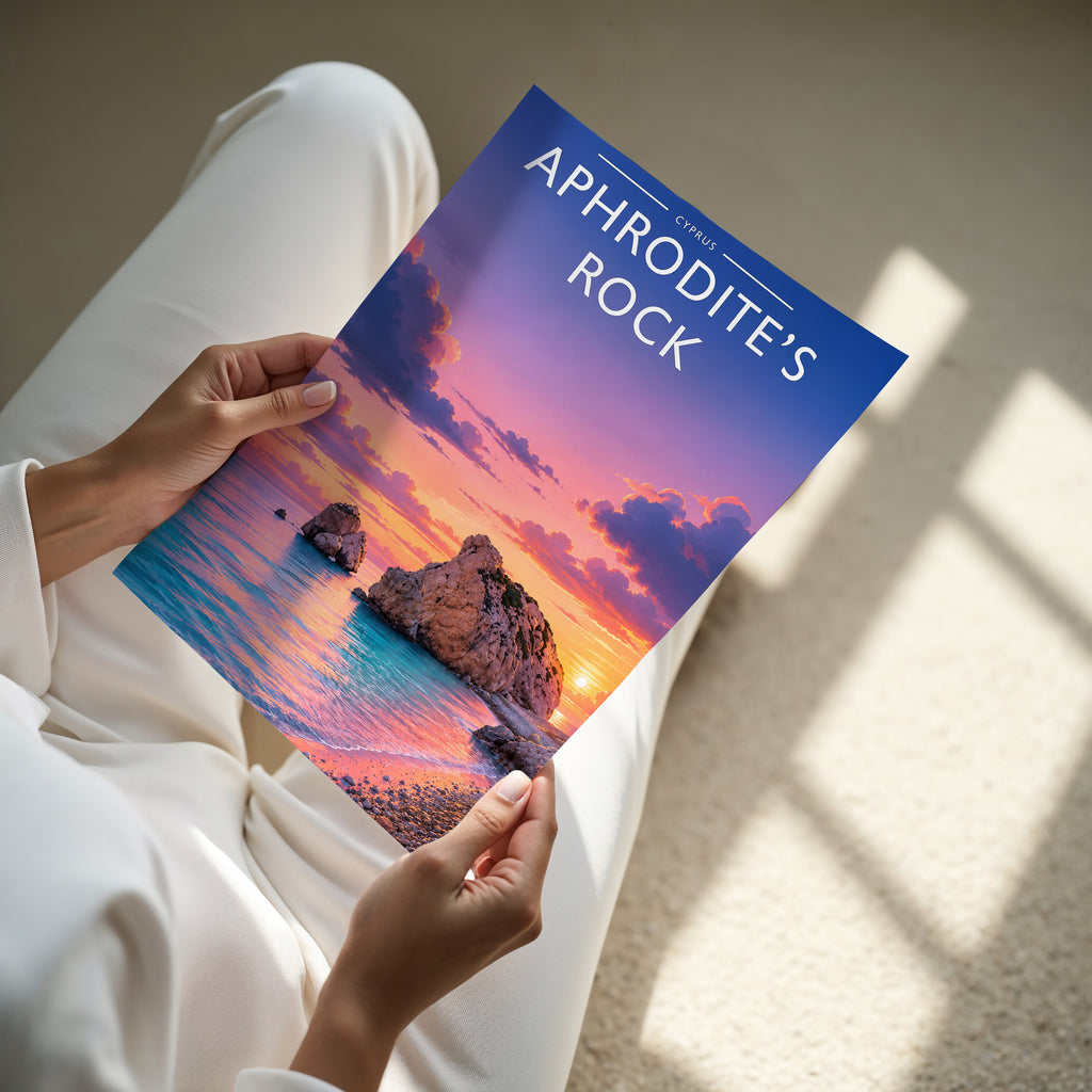Aphrodite's Rock Travel Poster - A4 print in hand