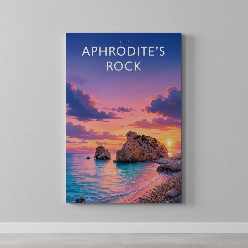 Aphrodite's Rock Travel Poster as a gallery-wrapped canvas on a plain wall