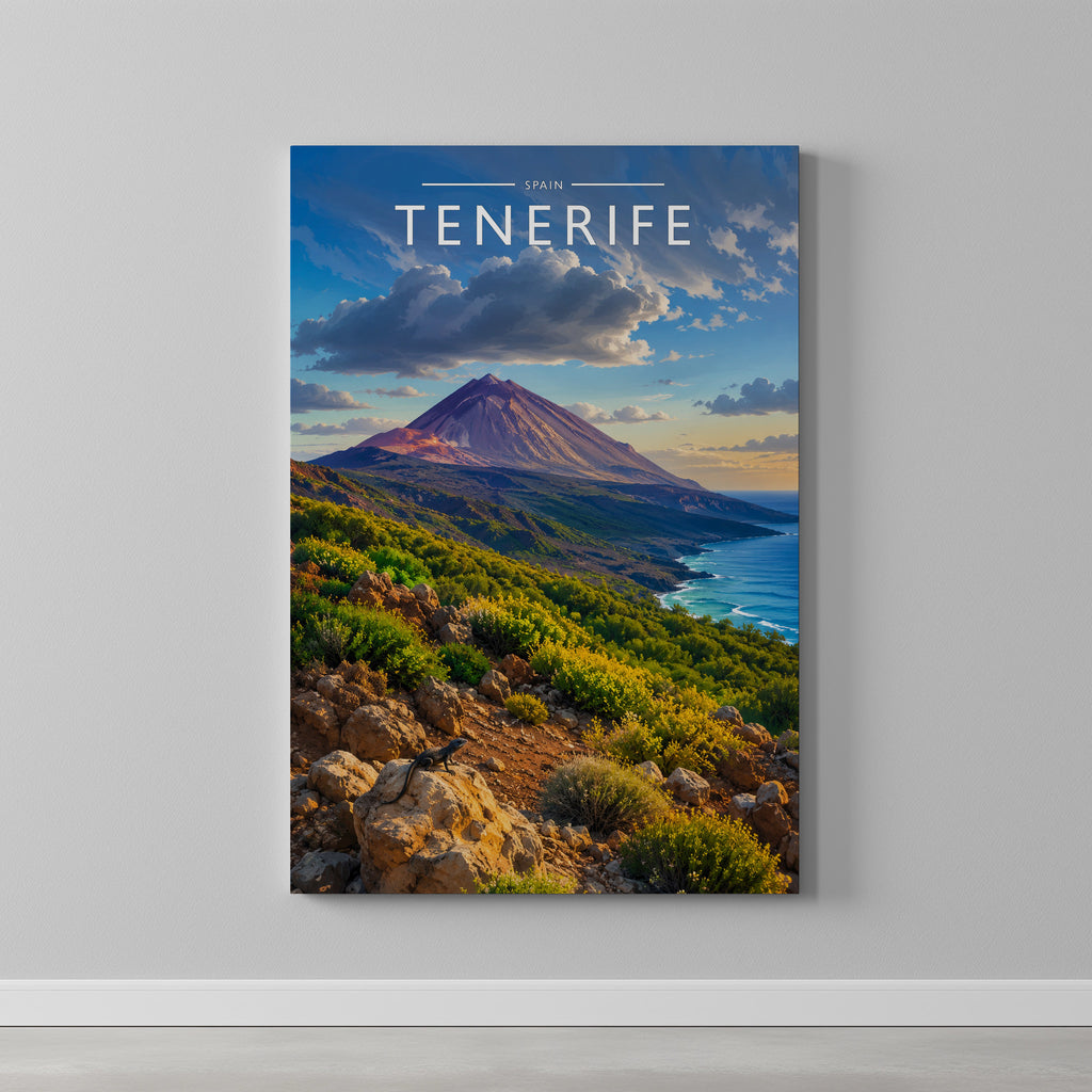 Tenerife Travel Poster as a gallery-wrapped canvas on a plain wall