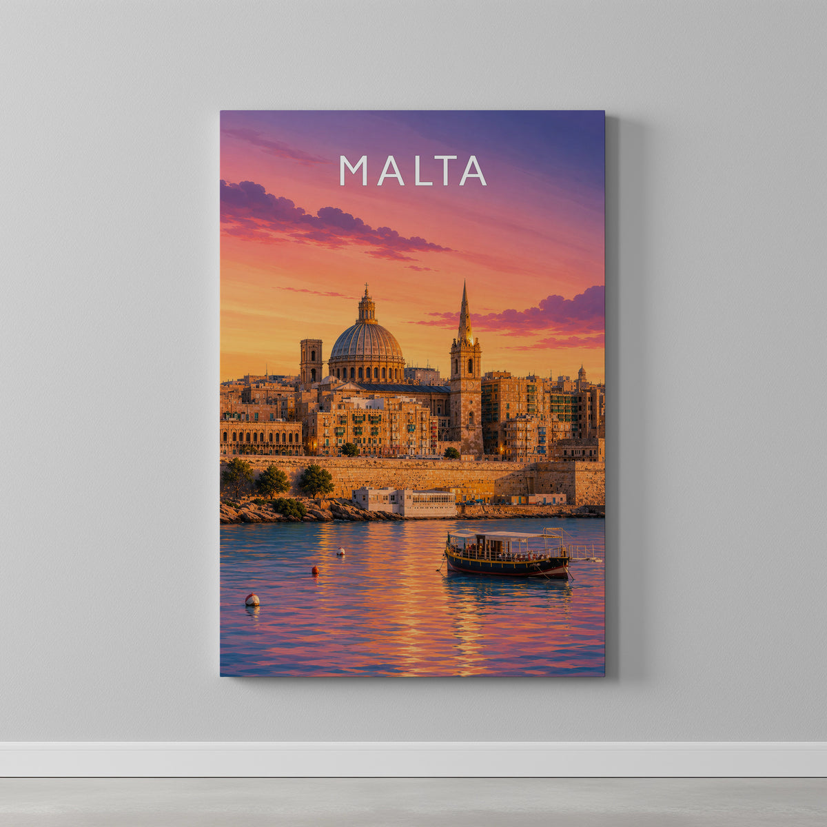 Malta Travel Poster as a gallery-wrapped canvas on a plain wall