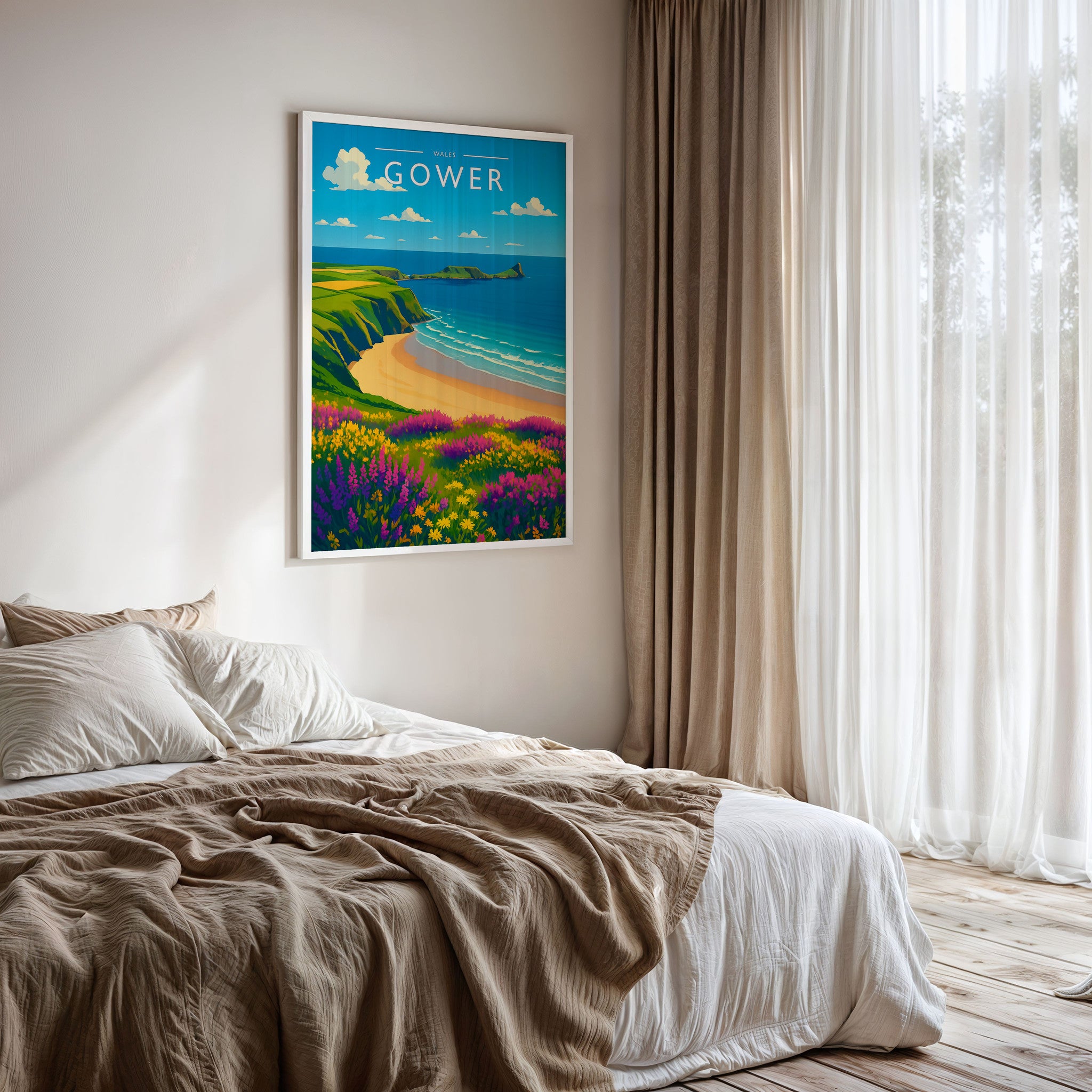 Gower Travel Poster framed on a bedroom wall