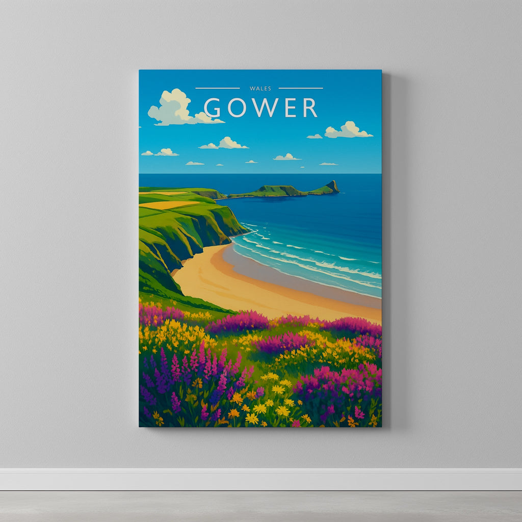 Gower Travel Poster as a gallery-wrapped canvas on a plain wall