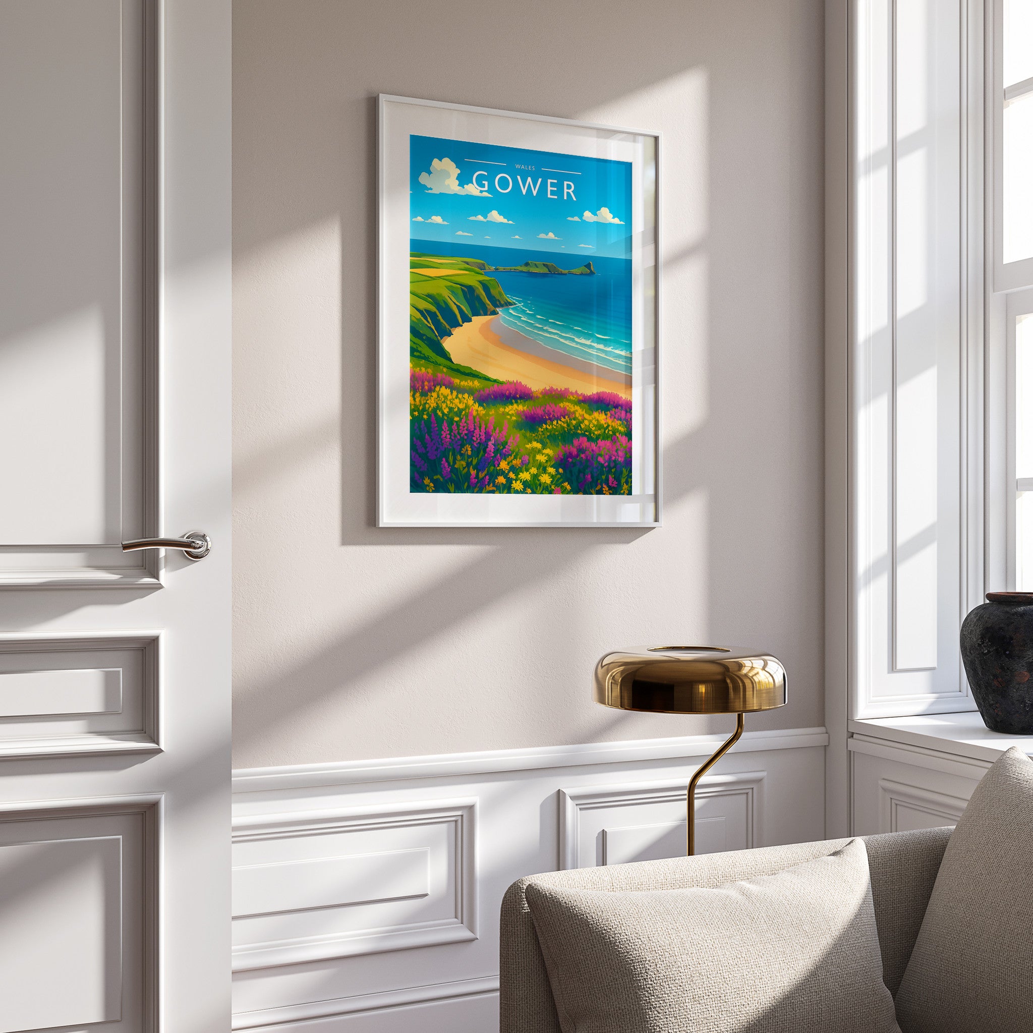 Gower Travel Poster in a white frame on a panelled wall