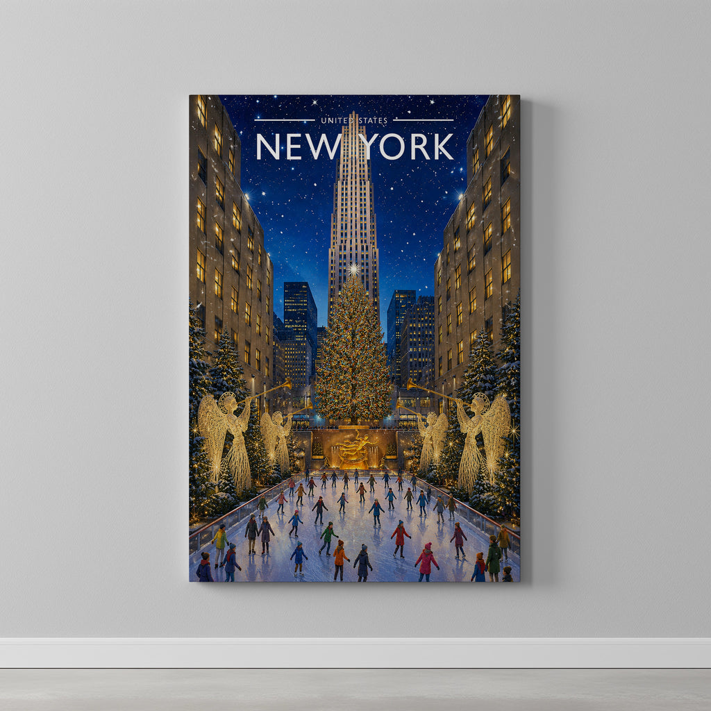 New York #10 Travel Poster as a gallery-wrapped canvas on a plain wall