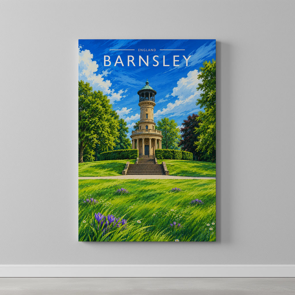 Barnsley #2 Travel Poster as a gallery-wrapped canvas on a plain wall