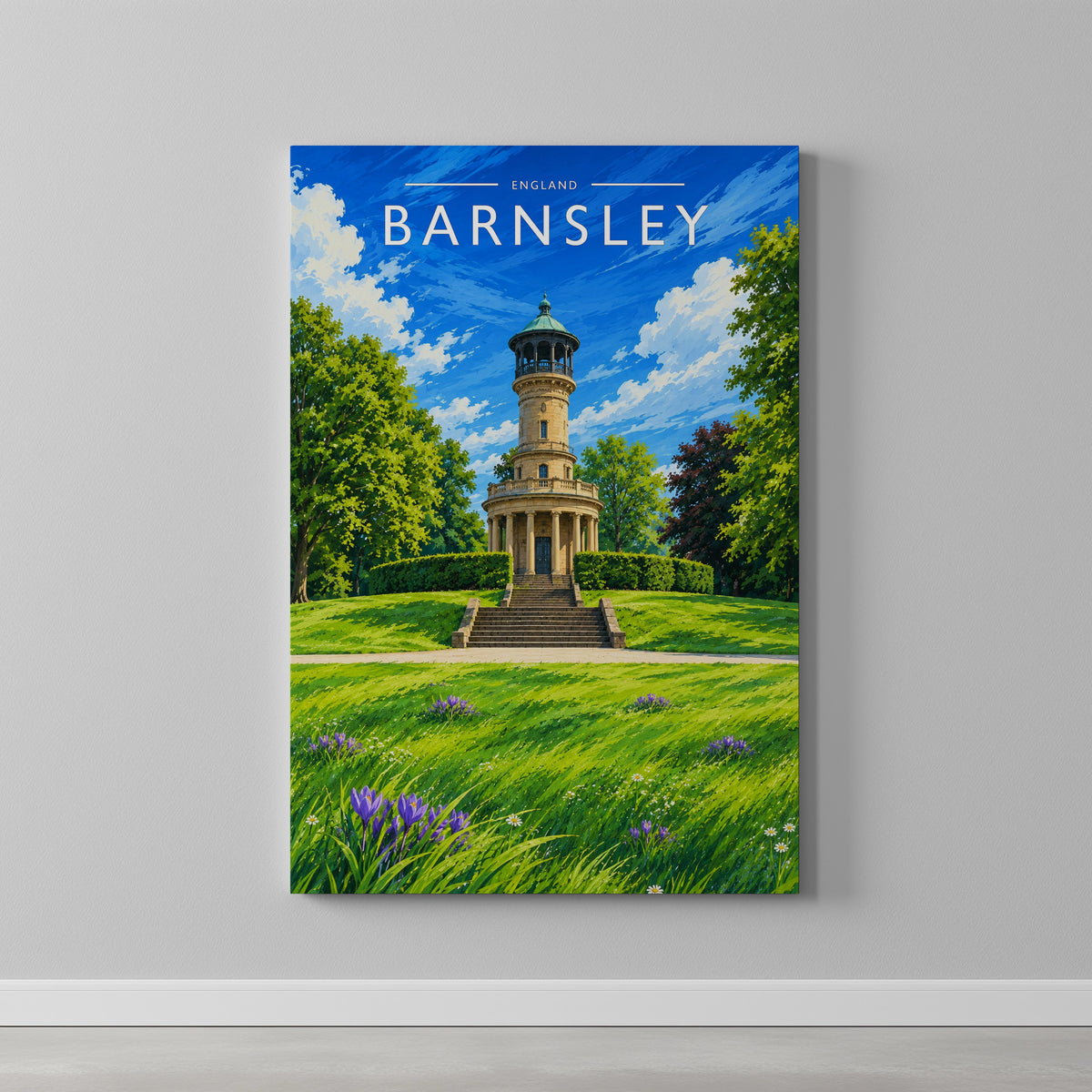 Barnsley #2 Travel Poster as a gallery-wrapped canvas on a plain wall