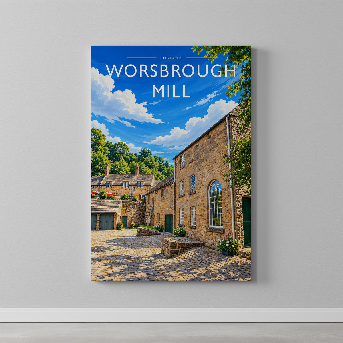 Worsbrough Mill Travel Poster as a gallery-wrapped canvas on a plain wall