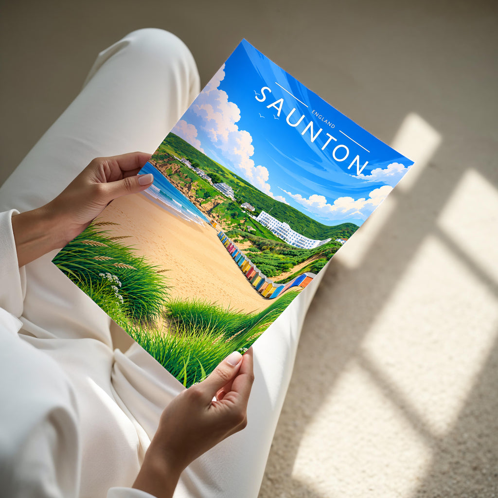 Saunton Travel Poster - A4 print held in hand