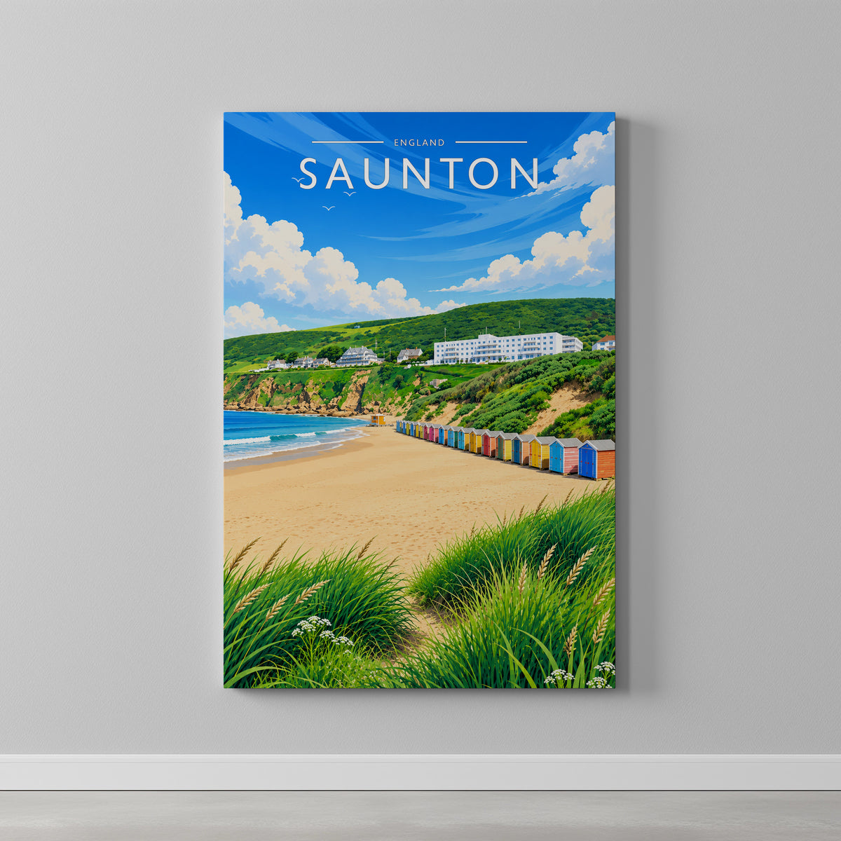 Saunton Travel Poster as a gallery-wrapped canvas on a plain wall