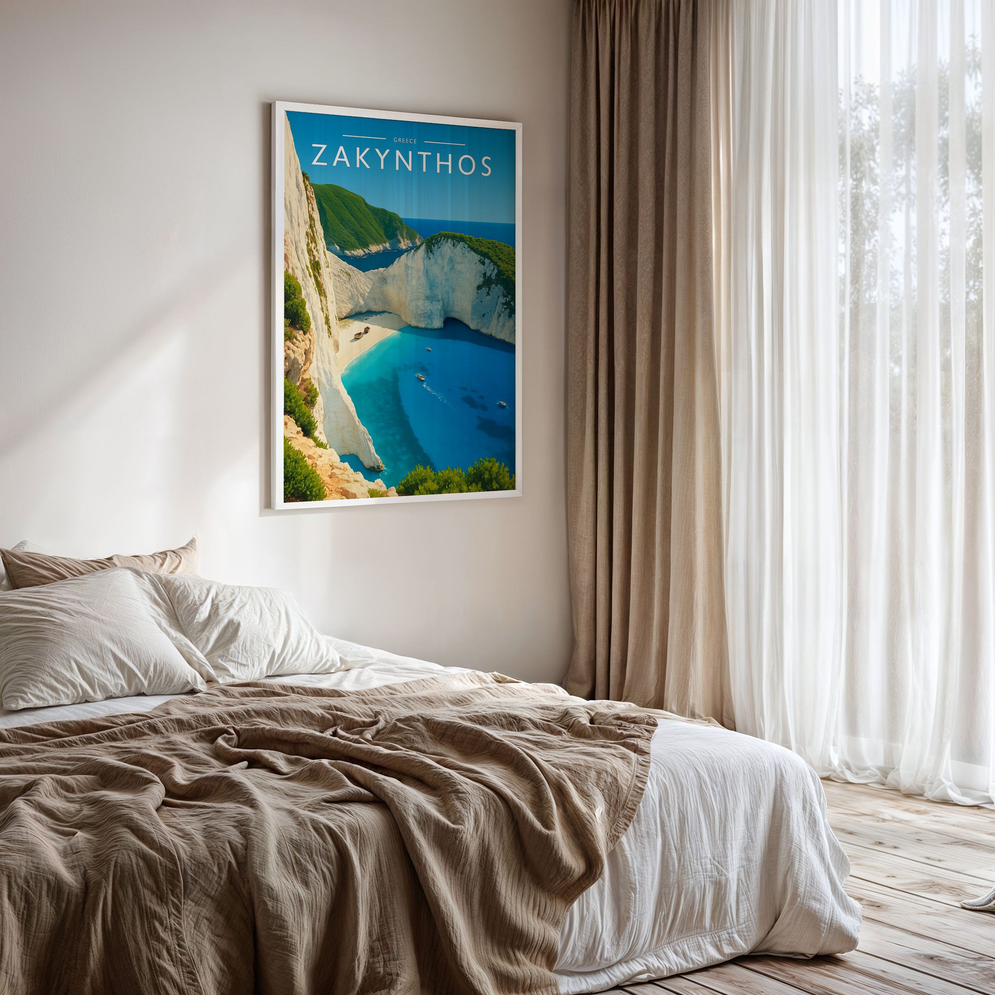 Zakynthos Travel Poster framed on a bedroom wall