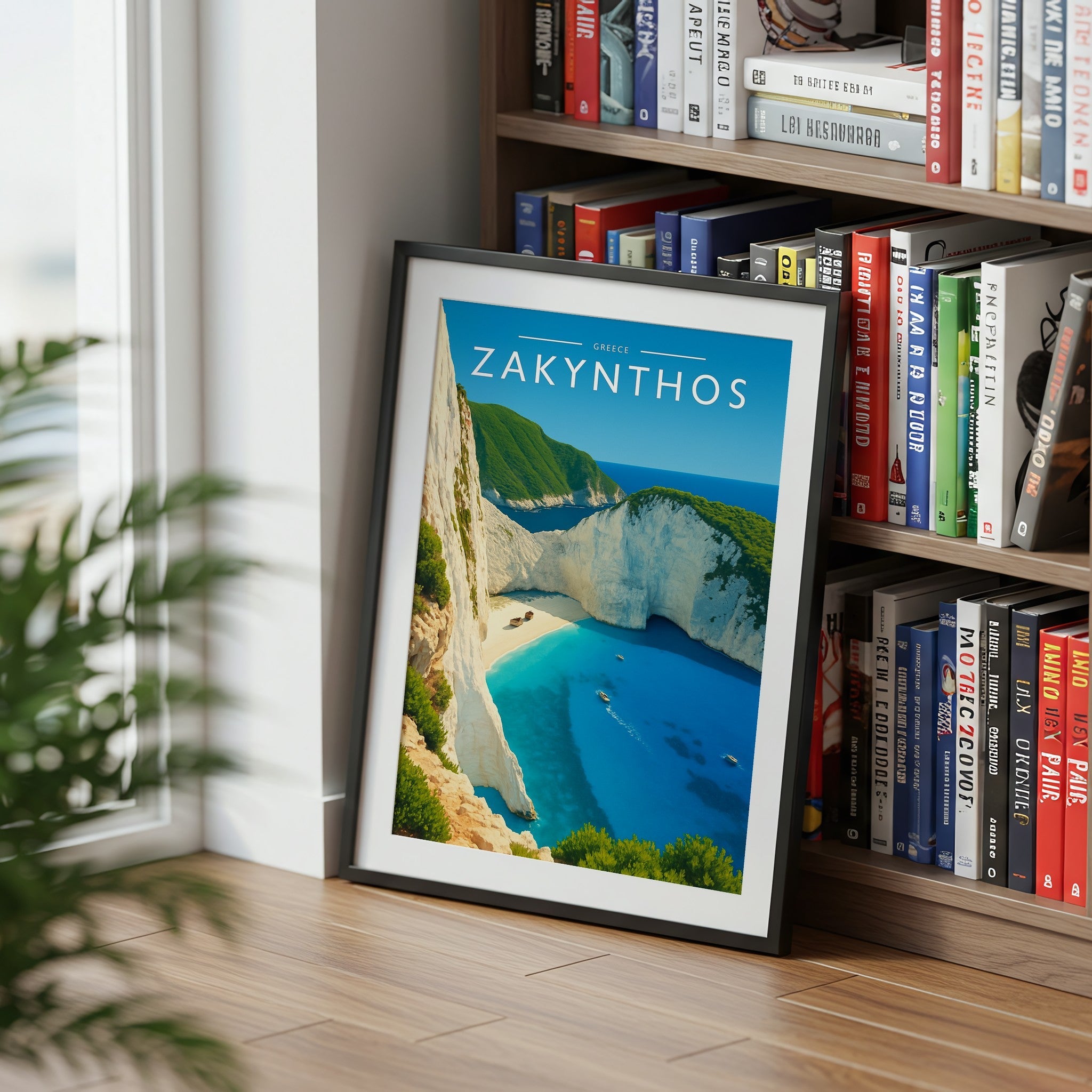 Zakynthos Travel Poster mounted in a black frame