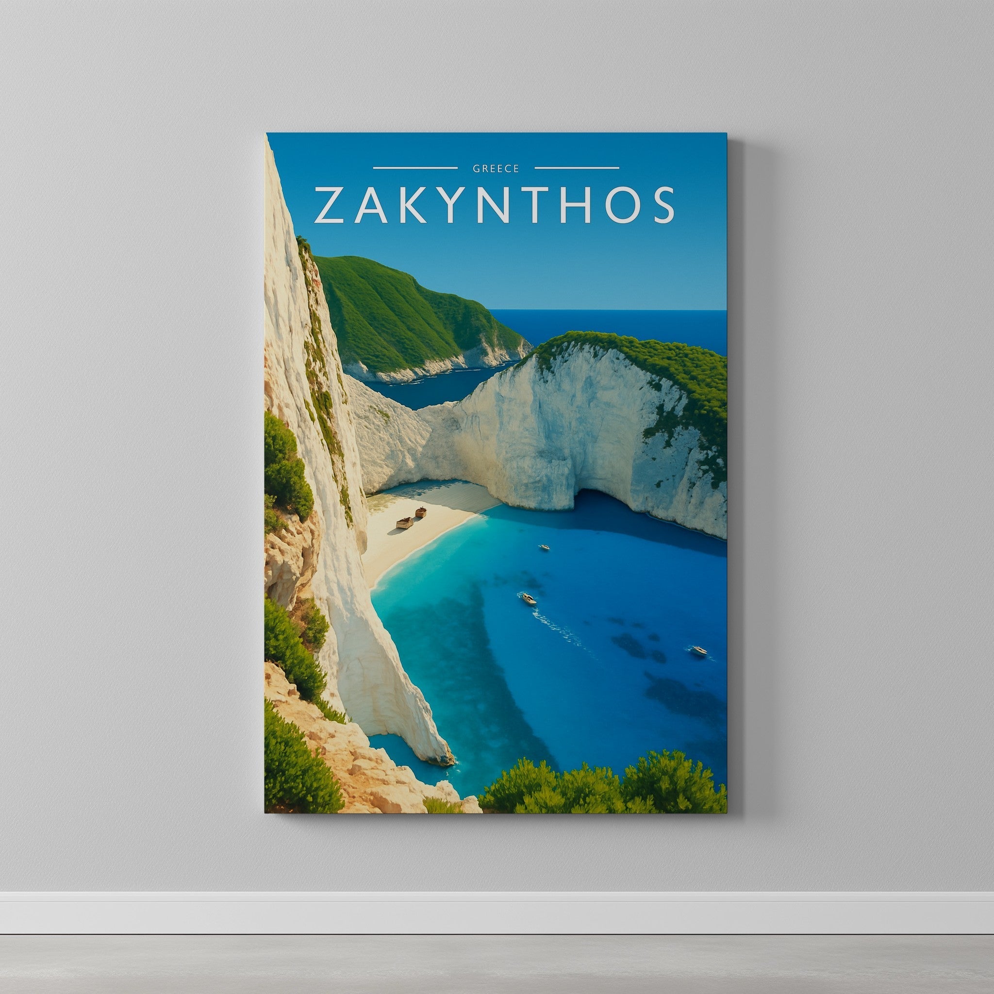 Zakynthos Travel Poster as a gallery-wrapped canvas on a plain wall