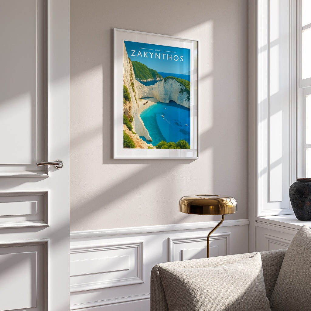 Zakynthos Travel Poster in a white frame on a panelled wall