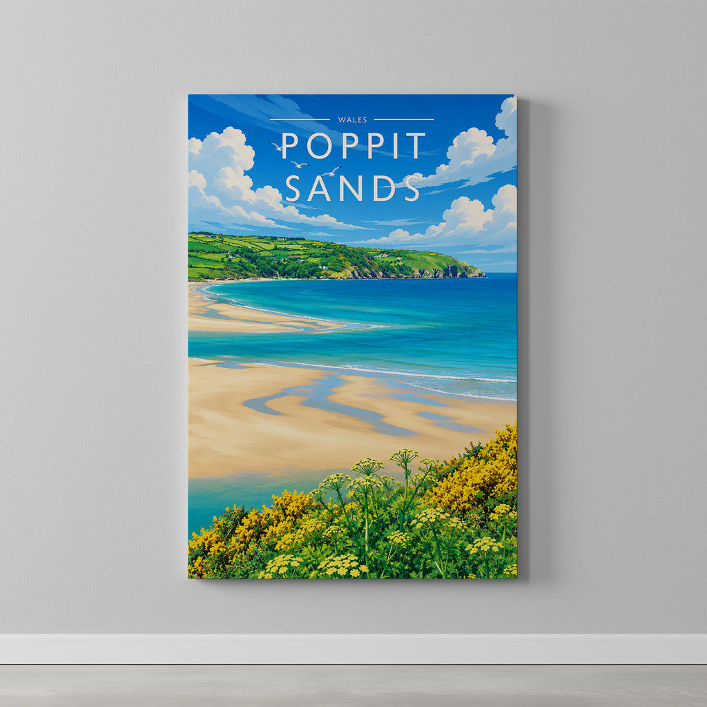 Poppit Sands Travel Poster as a gallery-wrapped canvas on a plain wall