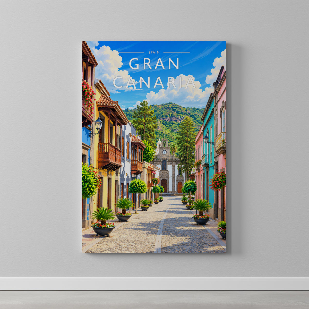 Gran Canaria Travel Poster as a gallery-wrapped canvas on a plain wall