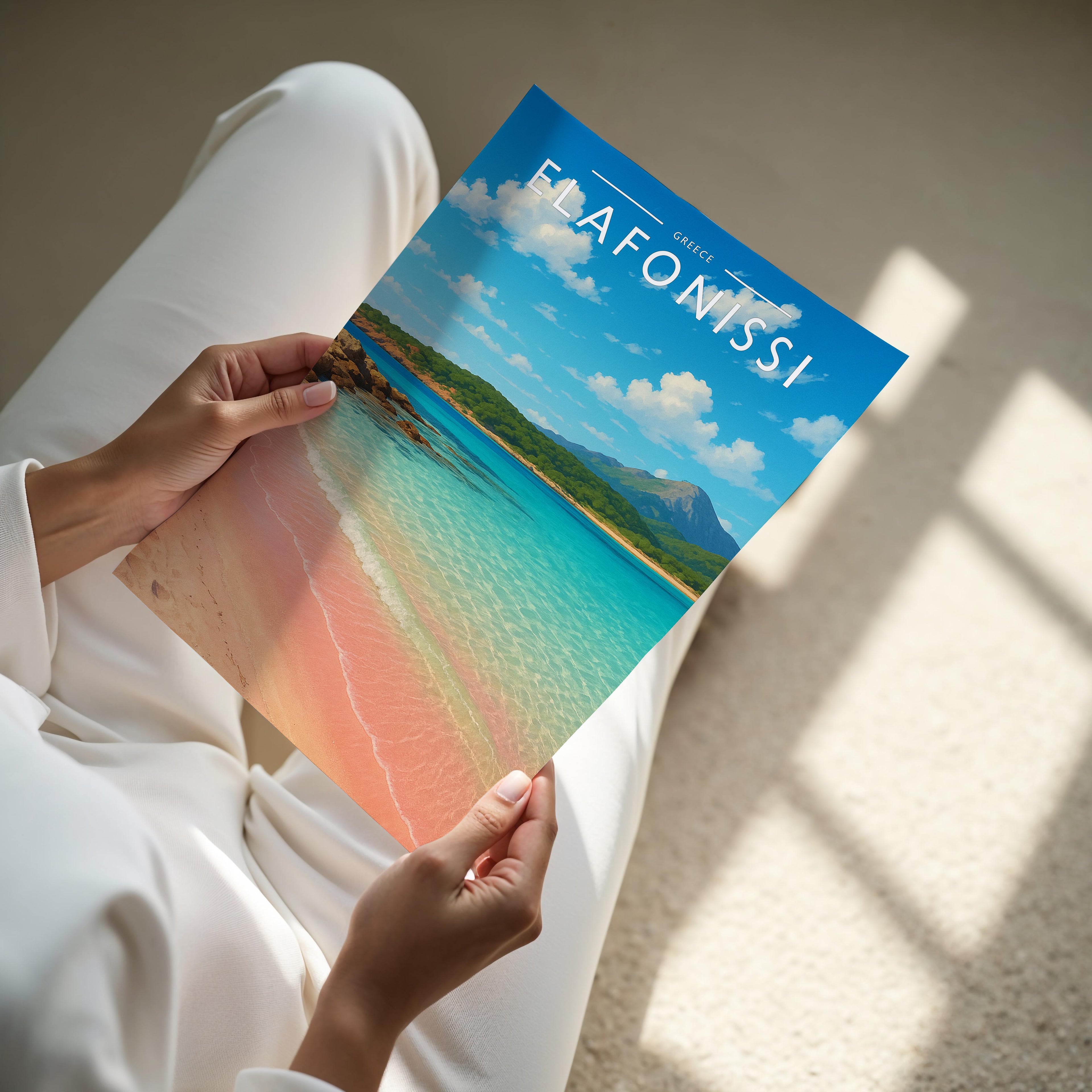 Elafonissi Travel Poster - A4 print held in hand