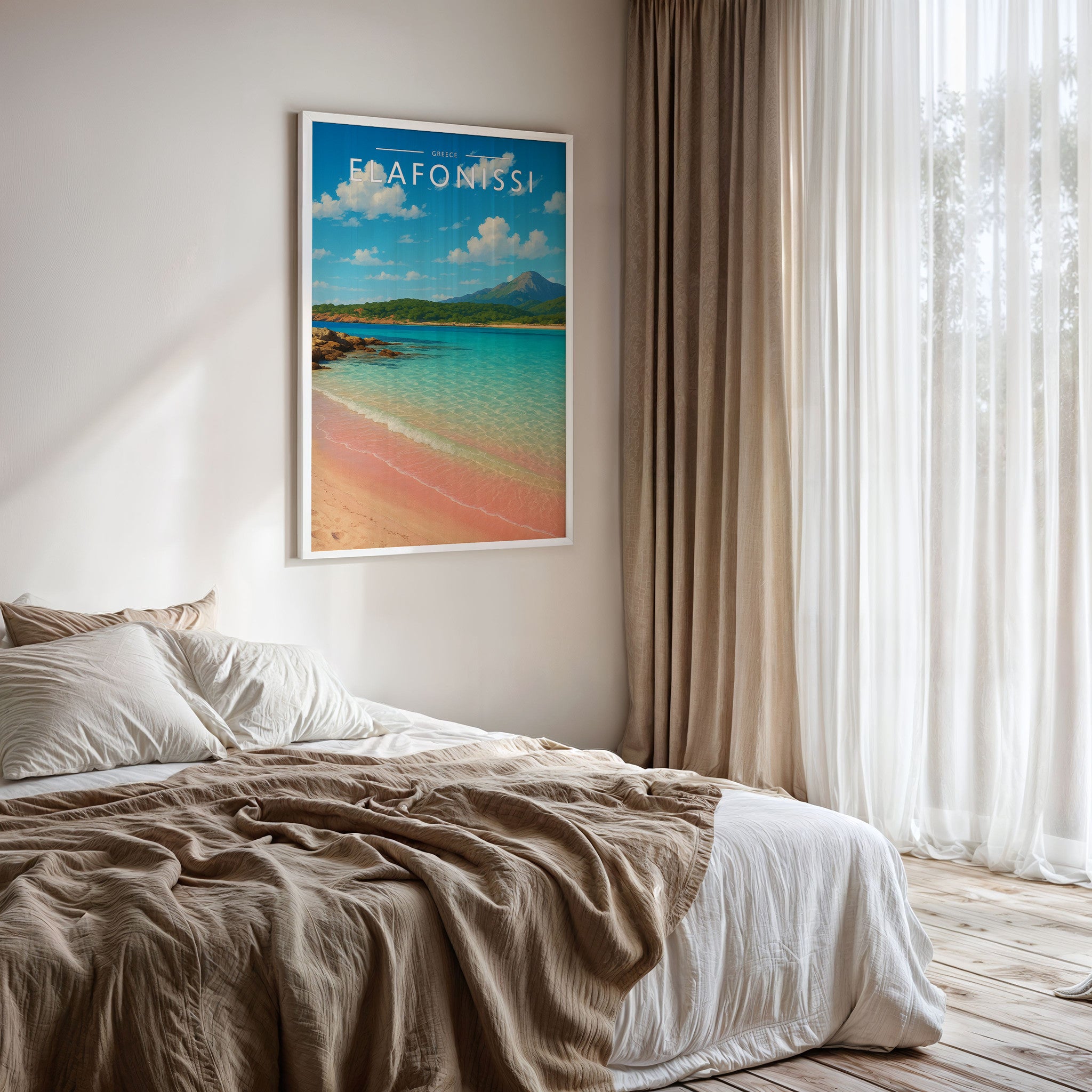 Elafonissi Travel Poster framed on a bedroom wall