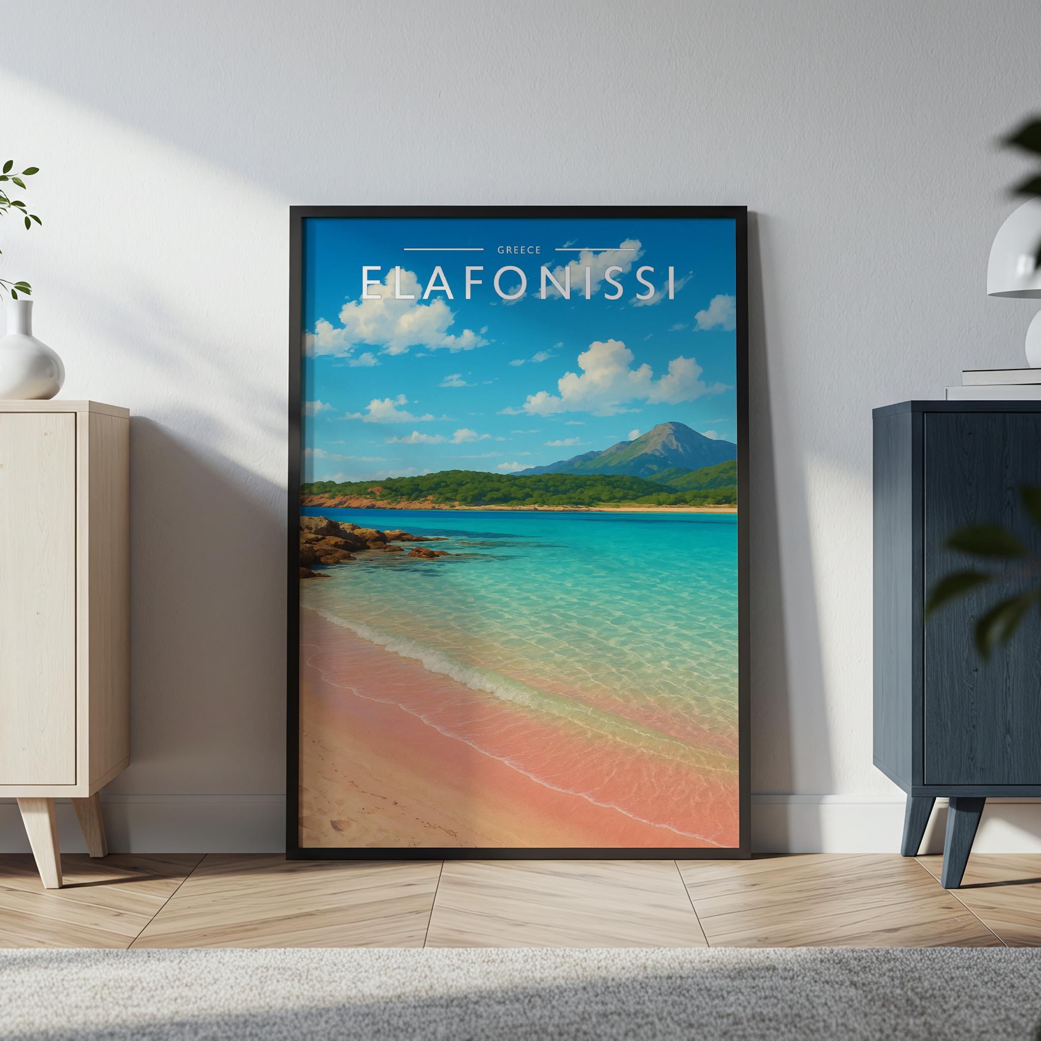 Elafonissi Travel Poster in a black frame