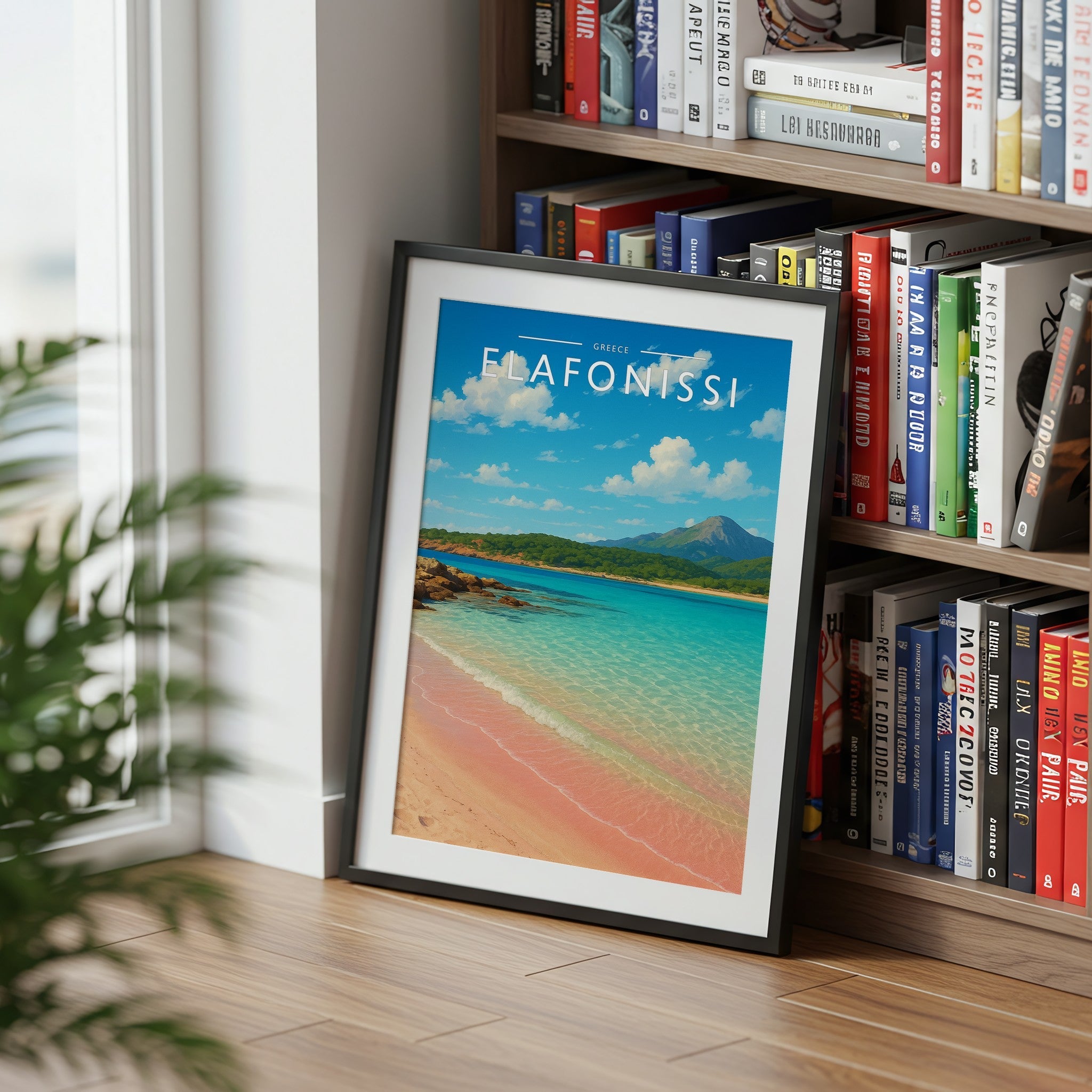 Elafonissi Travel Poster mounted in a black frame