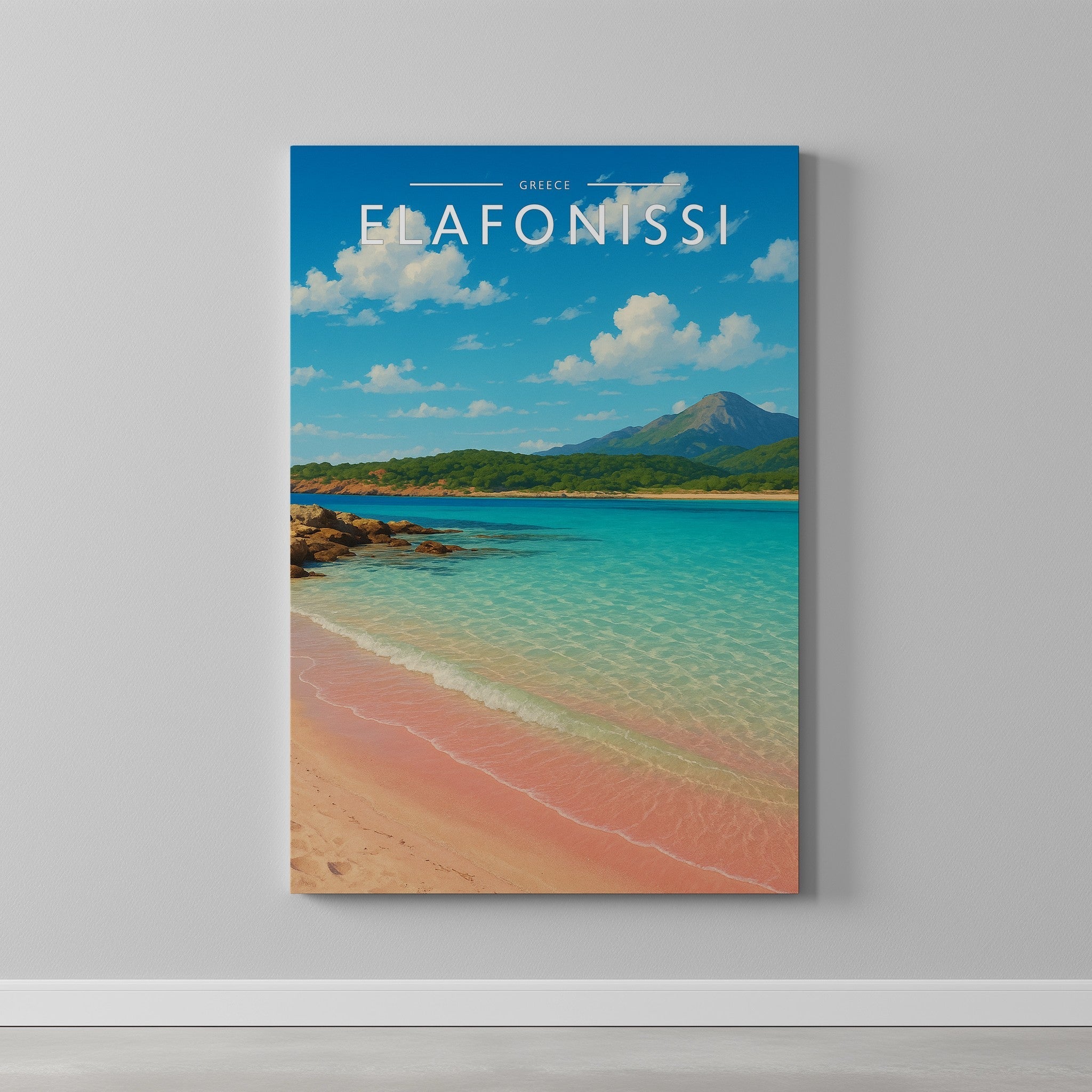 Elafonissi Travel Poster as a gallery-wrapped canvas on a plain wall