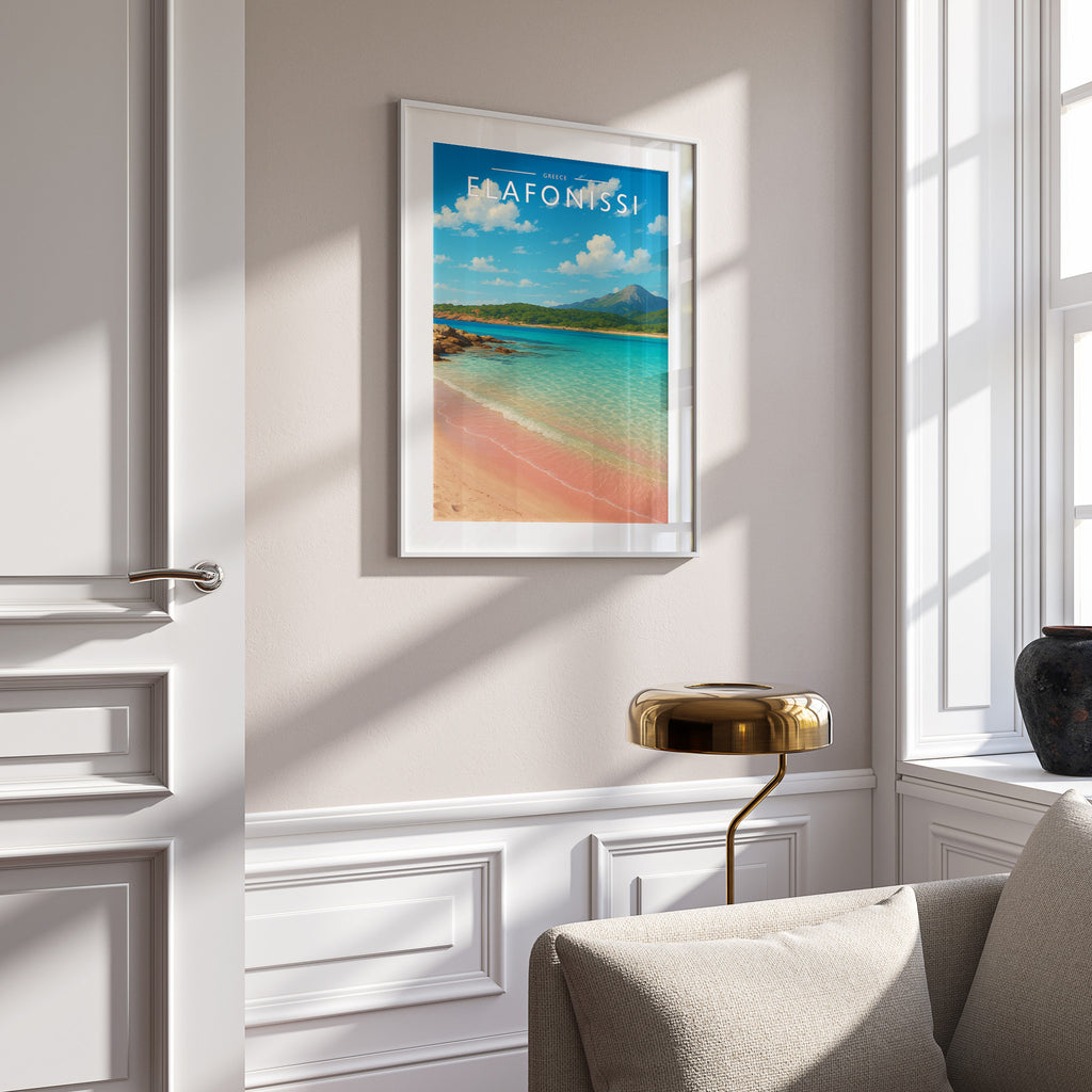 Elafonissi Travel Poster in a white frame on a panelled wall