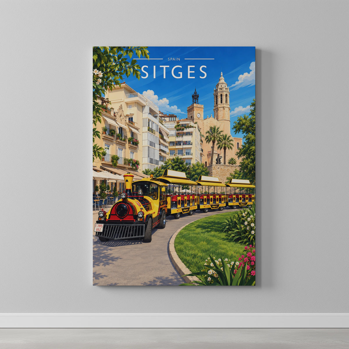 Sitges #3 Travel Poster as a gallery-wrapped canvas on a plain wall