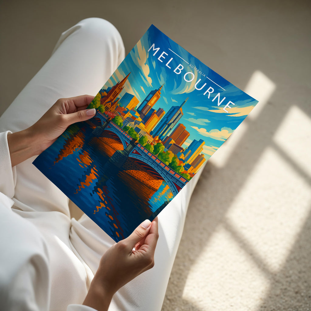 Melbourne Travel Poster - A4 print held in hand