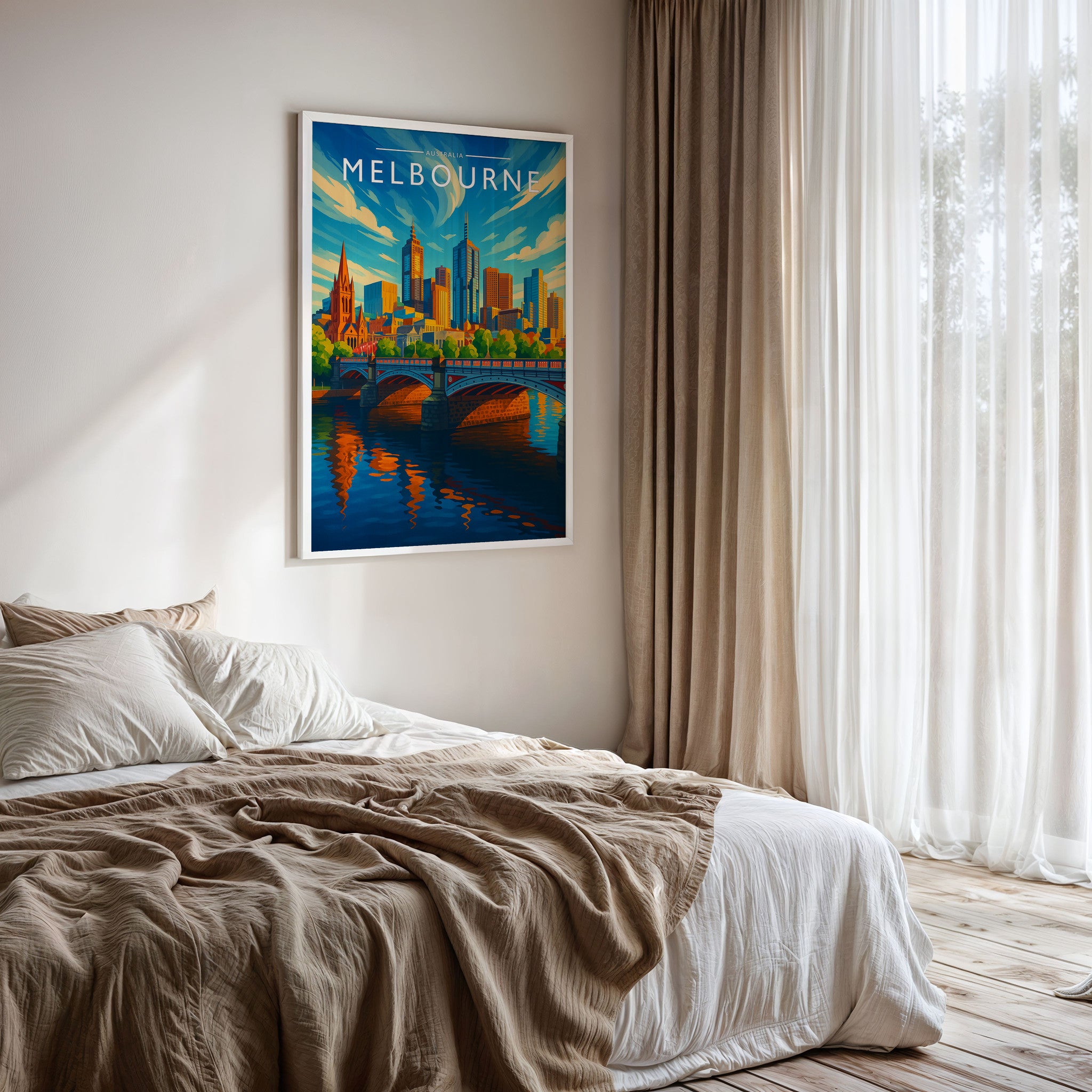 Melbourne Travel Poster framed on a bedroom wall