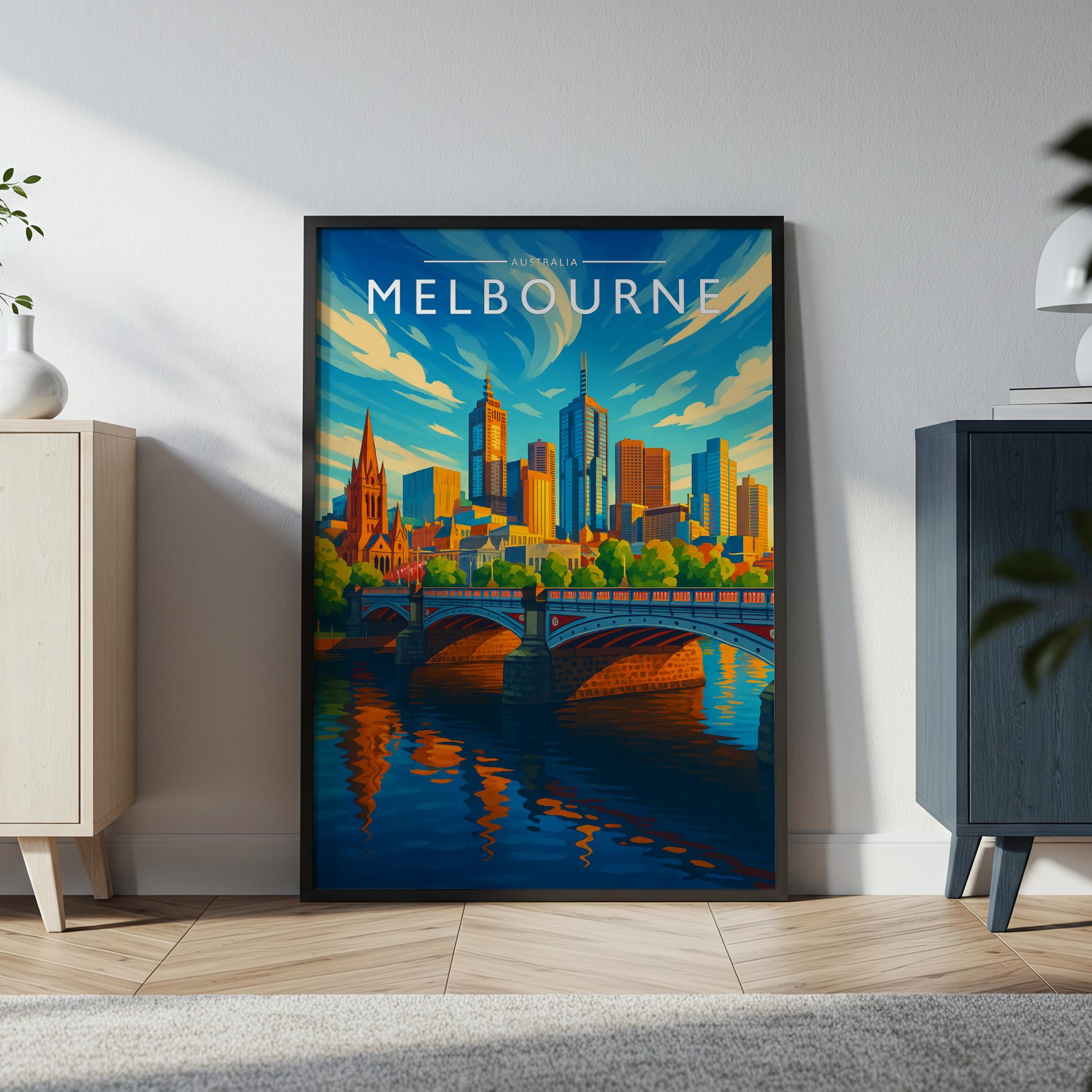 Melbourne Travel Poster in a black frame