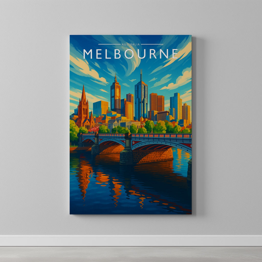 Melbourne Travel Poster as a gallery-wrapped canvas on a plain wall