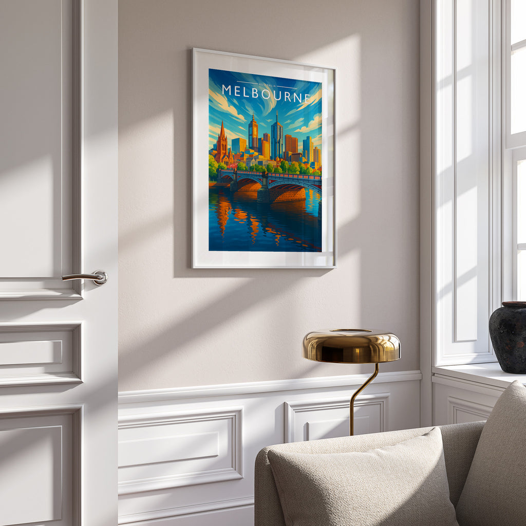 Melbourne Travel Poster in a white frame on a panelled wall