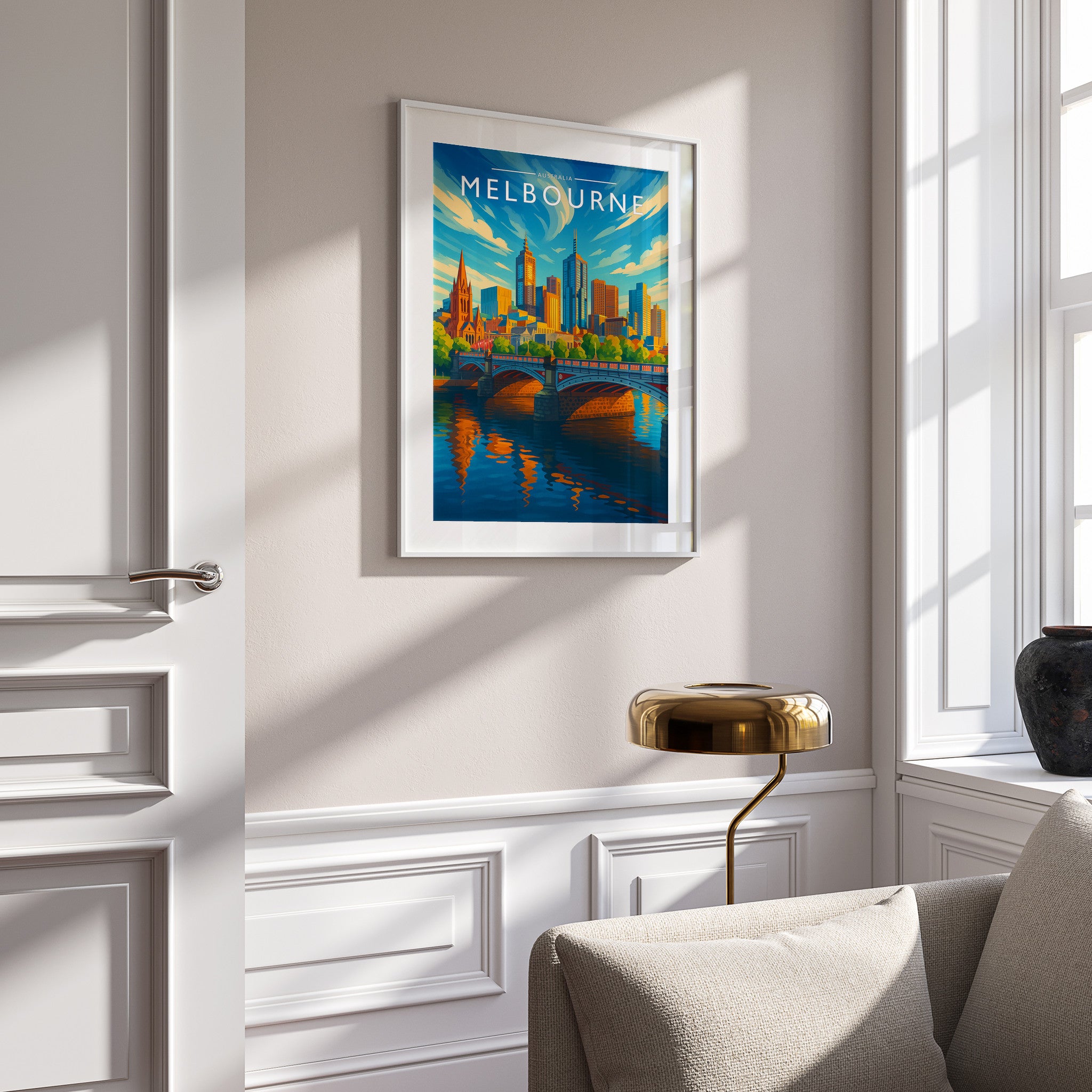 Melbourne Travel Poster in a white frame on a panelled wall