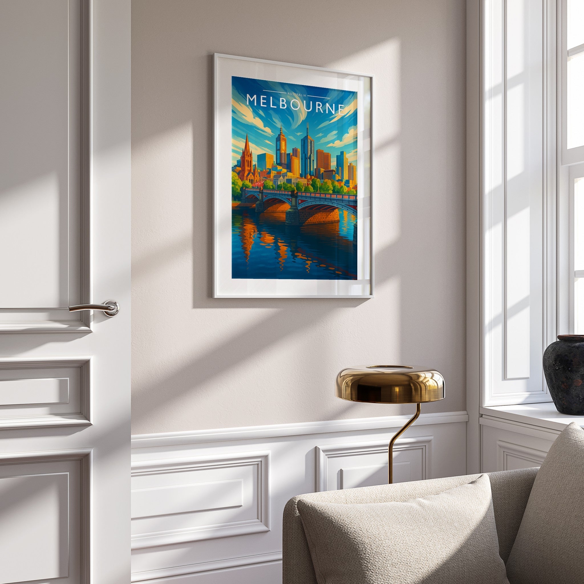 Melbourne Travel Poster mounted in a white frame