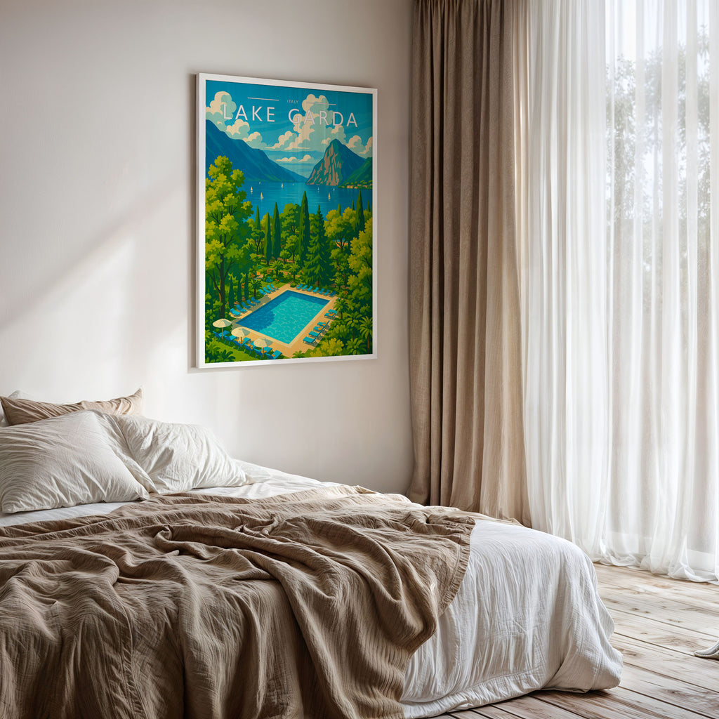 Lake Garda #2 Travel Poster framed on a bedroom wall