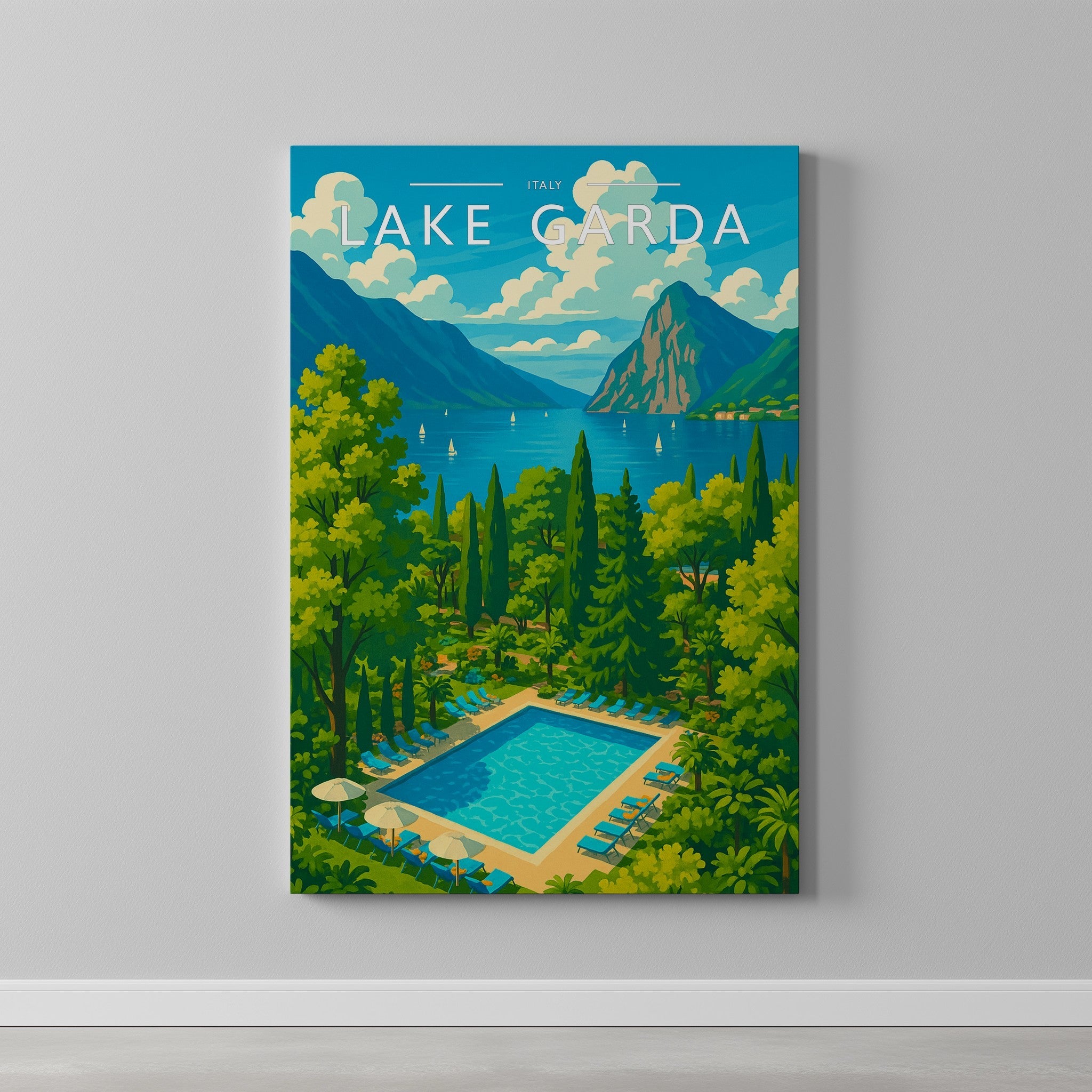 Lake Garda #2 Travel Poster as a gallery-wrapped canvas on a plain wall