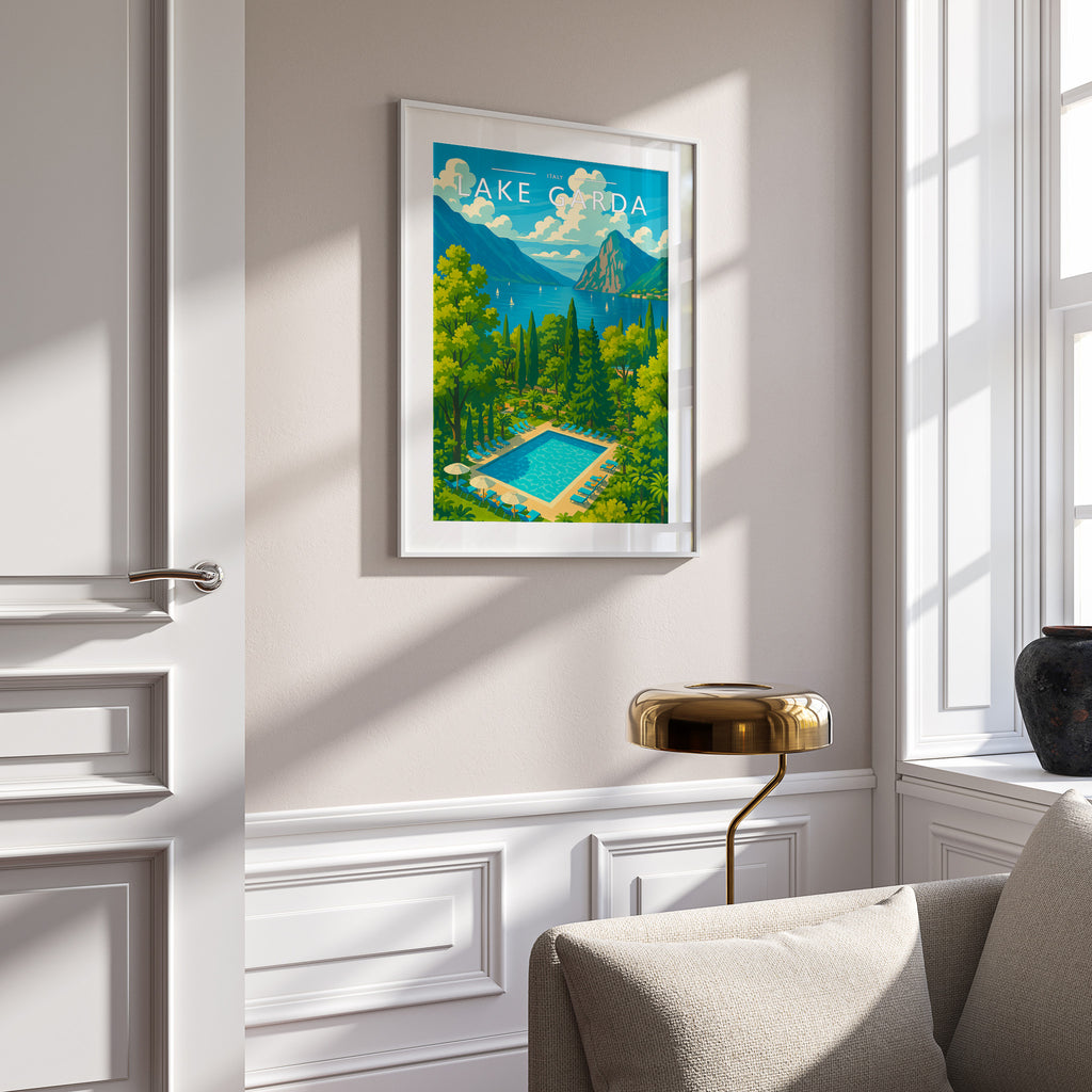 Lake Garda #2 Travel Poster in a white frame on a panelled wall