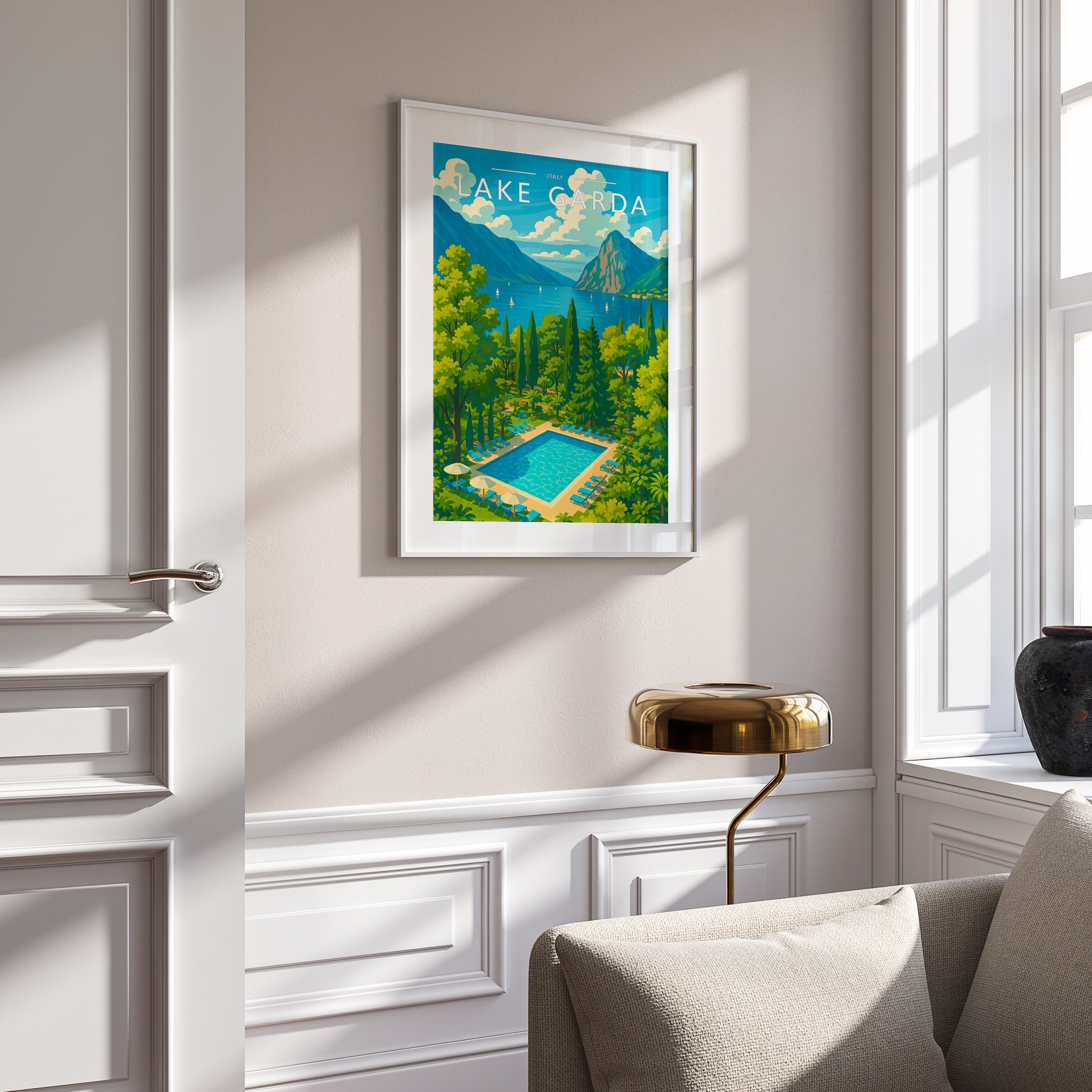 Lake Garda #2 Travel Poster in a white frame on a panelled wall