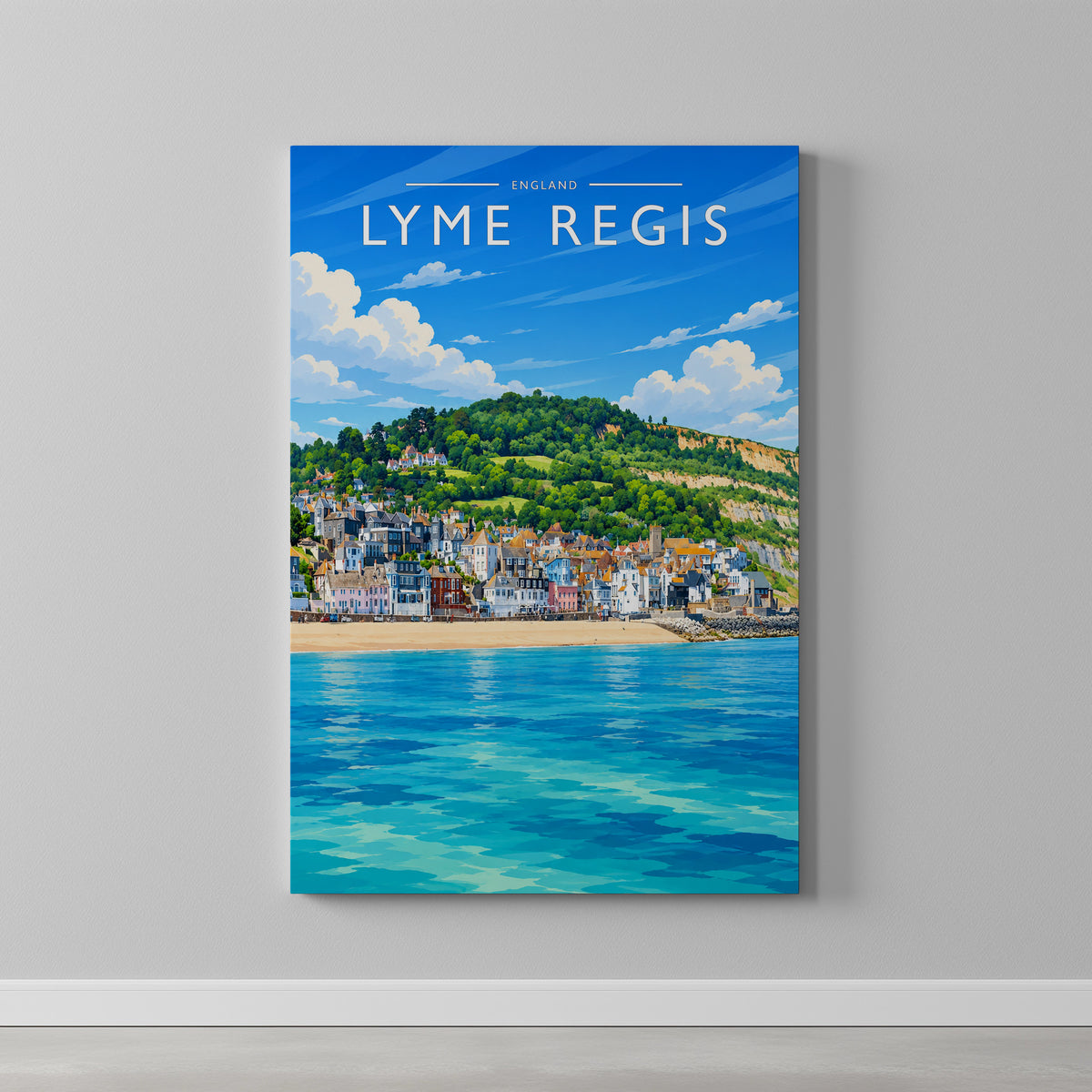 Lyme Regis Travel Poster as a gallery-wrapped canvas on a plain wall