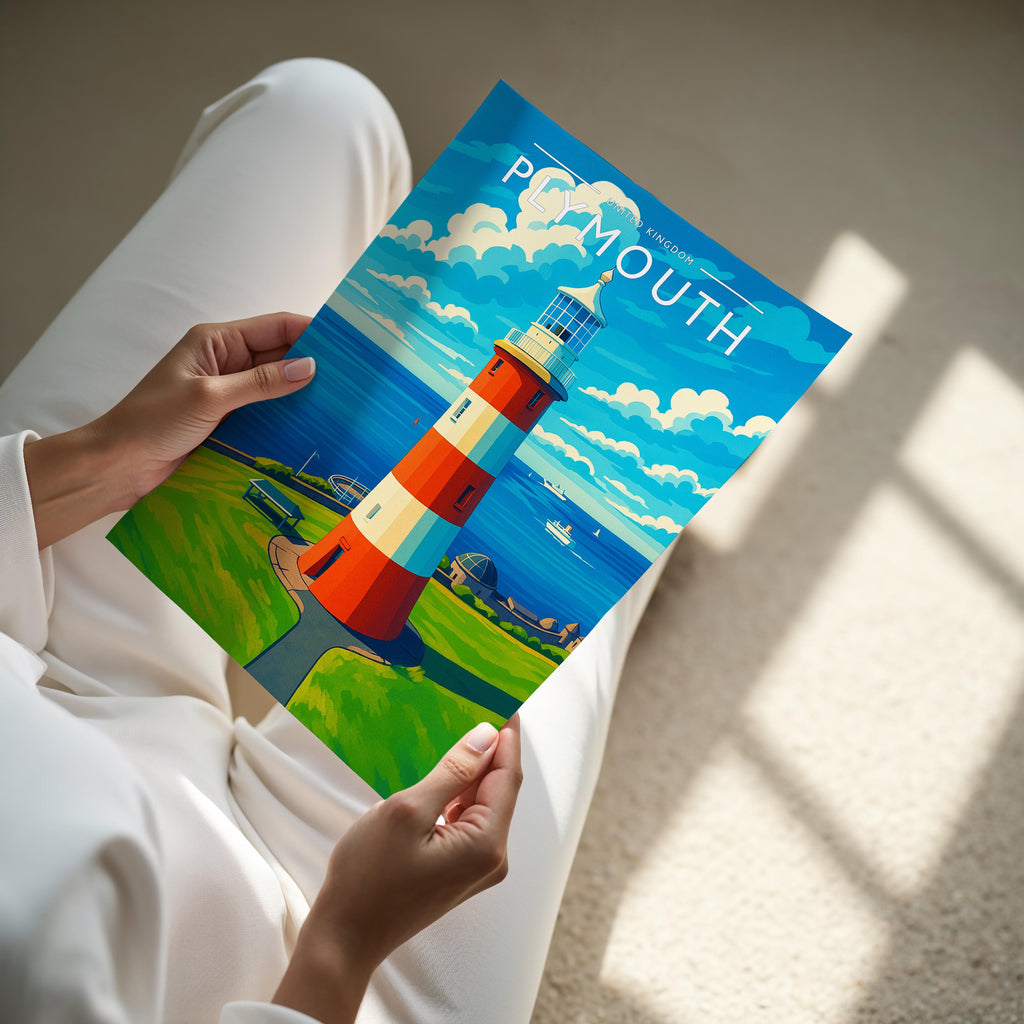 Plymouth Travel Poster - A4 print held in hand